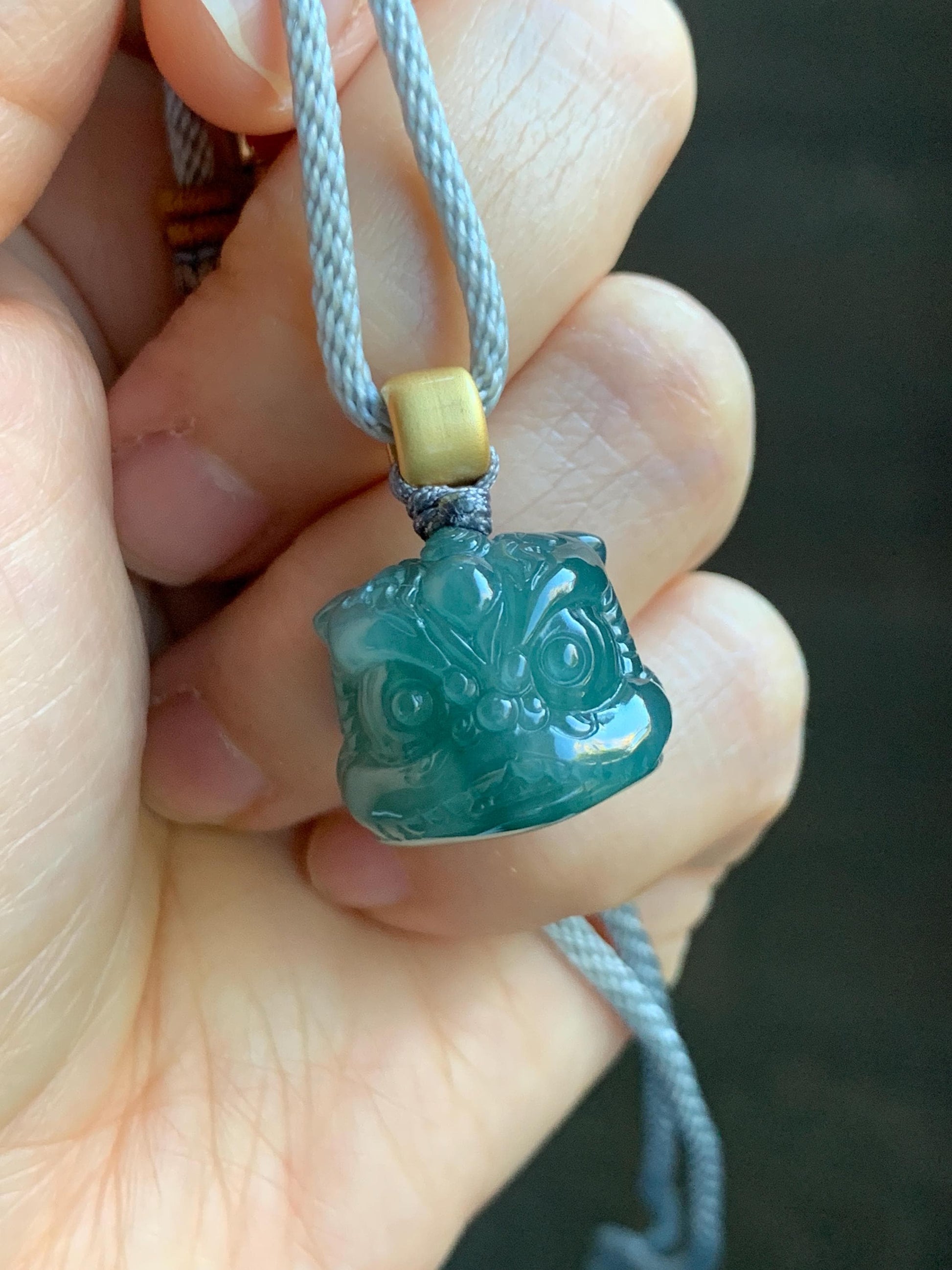 Natural Grade A Guatemalan Icy Translucent Dark Teal Blue Jade Jadeite Dancing Lion Pendant Rope Necklace 26” 14g 天然冰危深蓝绿翡翠醒狮吊坠 XSH140B