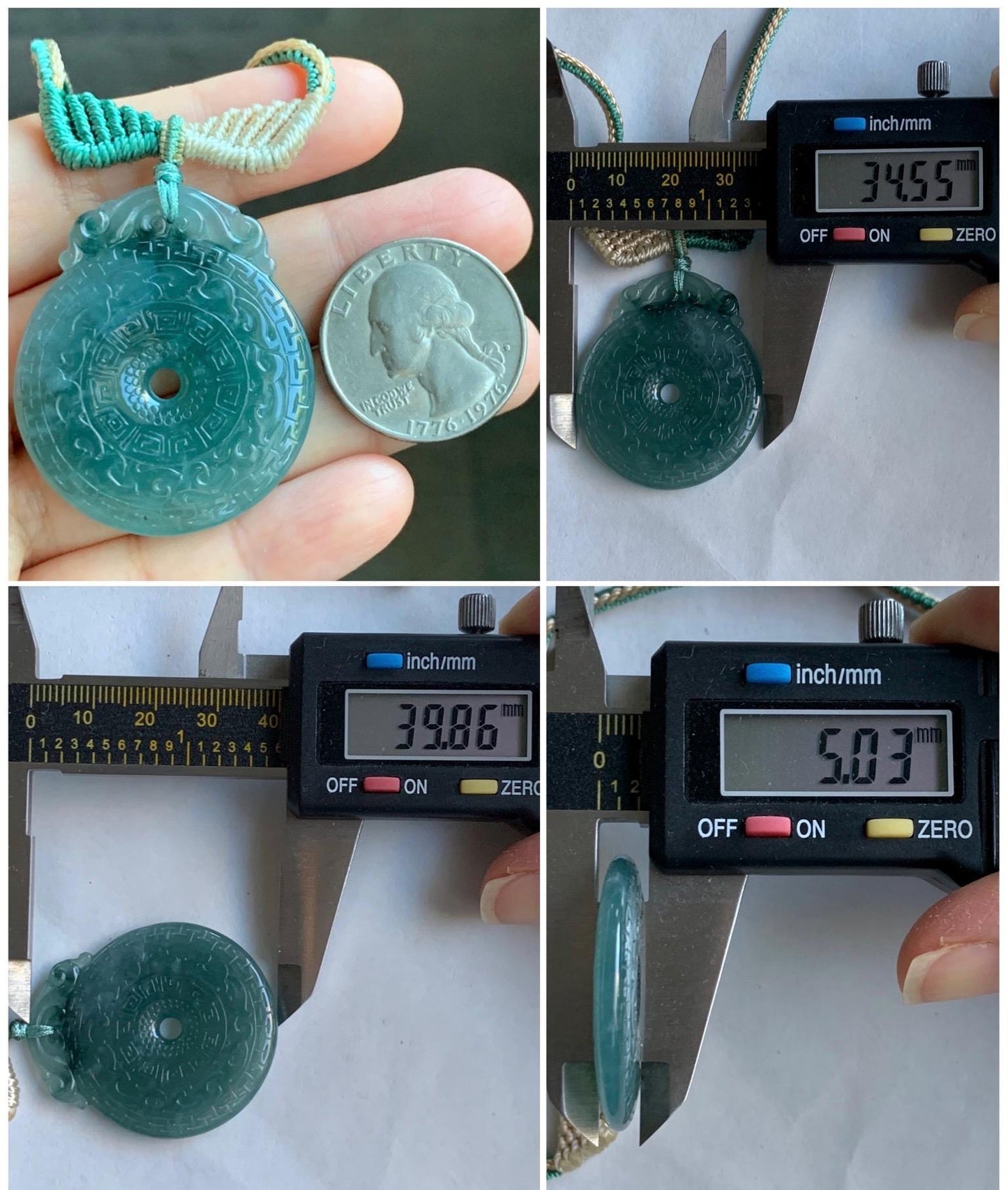 Natural Grade A Guatemalan Icy Translucent Teal Blue Jade Jadeite Engraved Ping An Kou Donut Rope Necklace 26” 16g 天然冰危蓝绿翡翠仿古雕平安扣吊坠 WEK248