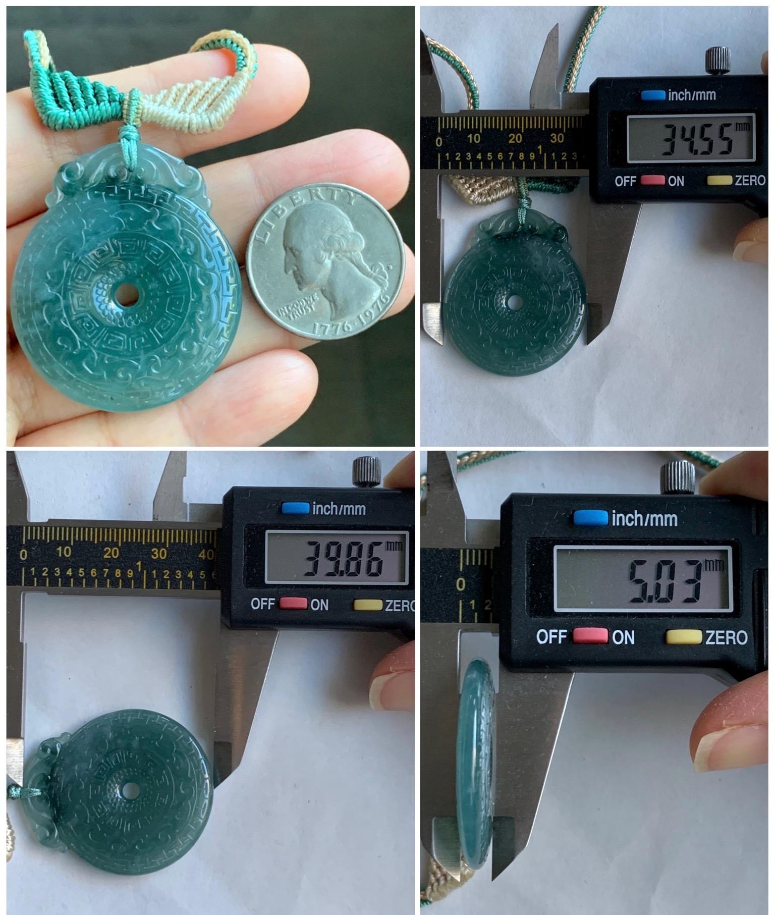 Natural Grade A Guatemalan Icy Translucent Teal Blue Jade Jadeite Engraved Ping An Kou Donut Rope Necklace 26” 16g 天然冰危蓝绿翡翠仿古雕平安扣吊坠 WEK248