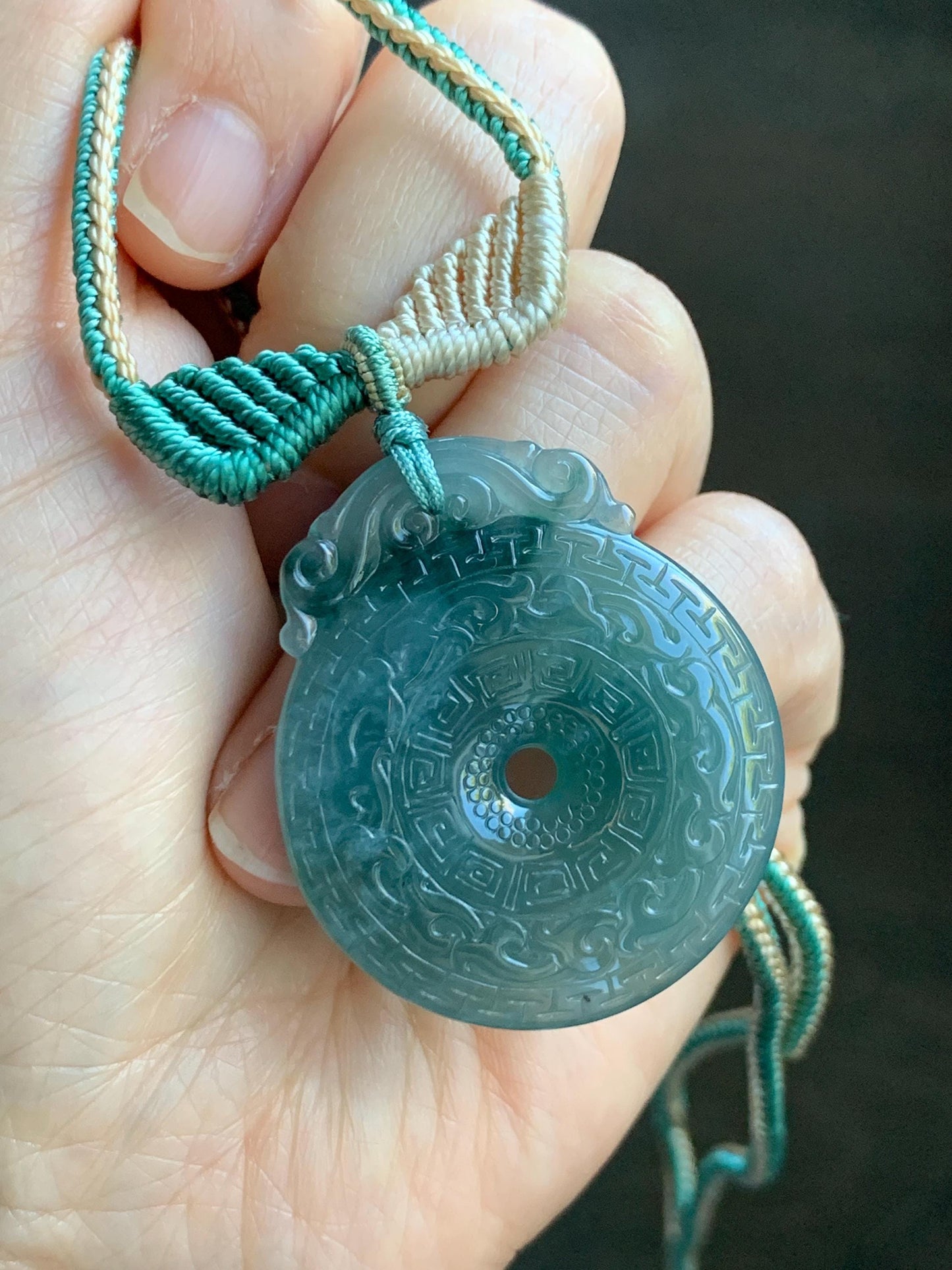 Natural Grade A Guatemalan Icy Translucent Teal Blue Jade Jadeite Engraved Ping An Kou Donut Rope Necklace 26” 16g 天然冰危蓝绿翡翠仿古雕平安扣吊坠 WEK248