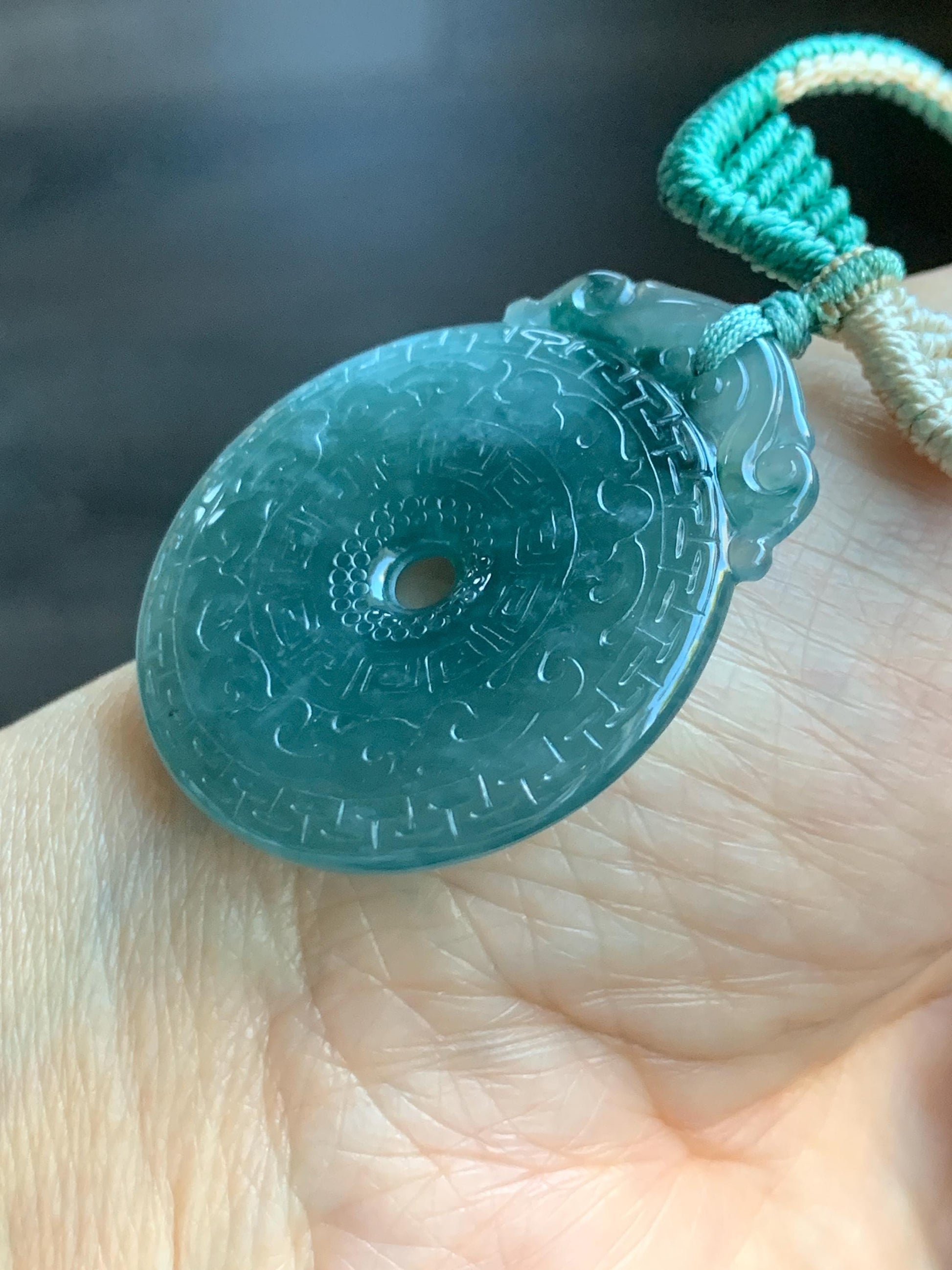 Natural Grade A Guatemalan Icy Translucent Teal Blue Jade Jadeite Engraved Ping An Kou Donut Rope Necklace 26” 16g 天然冰危蓝绿翡翠仿古雕平安扣吊坠 WEK248