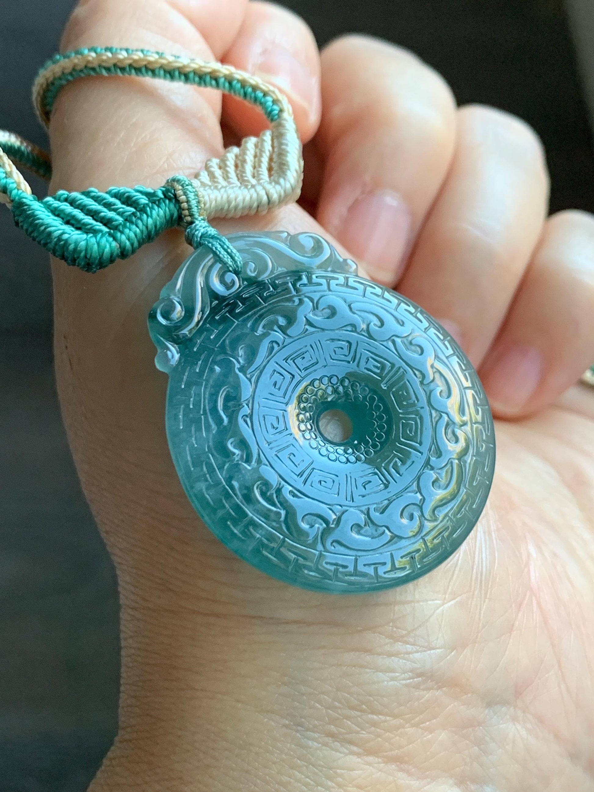 Natural Grade A Guatemalan Icy Translucent Teal Blue Jade Jadeite Engraved Ping An Kou Donut Rope Necklace 26” 16g 天然冰危蓝绿翡翠仿古雕平安扣吊坠 WEK248