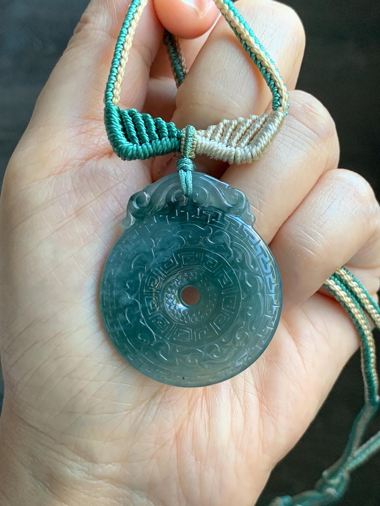 Natural Grade A Guatemalan Icy Translucent Teal Blue Jade Jadeite Engraved Ping An Kou Donut Rope Necklace 26” 16g 天然冰危蓝绿翡翠仿古雕平安扣吊坠 WEK248