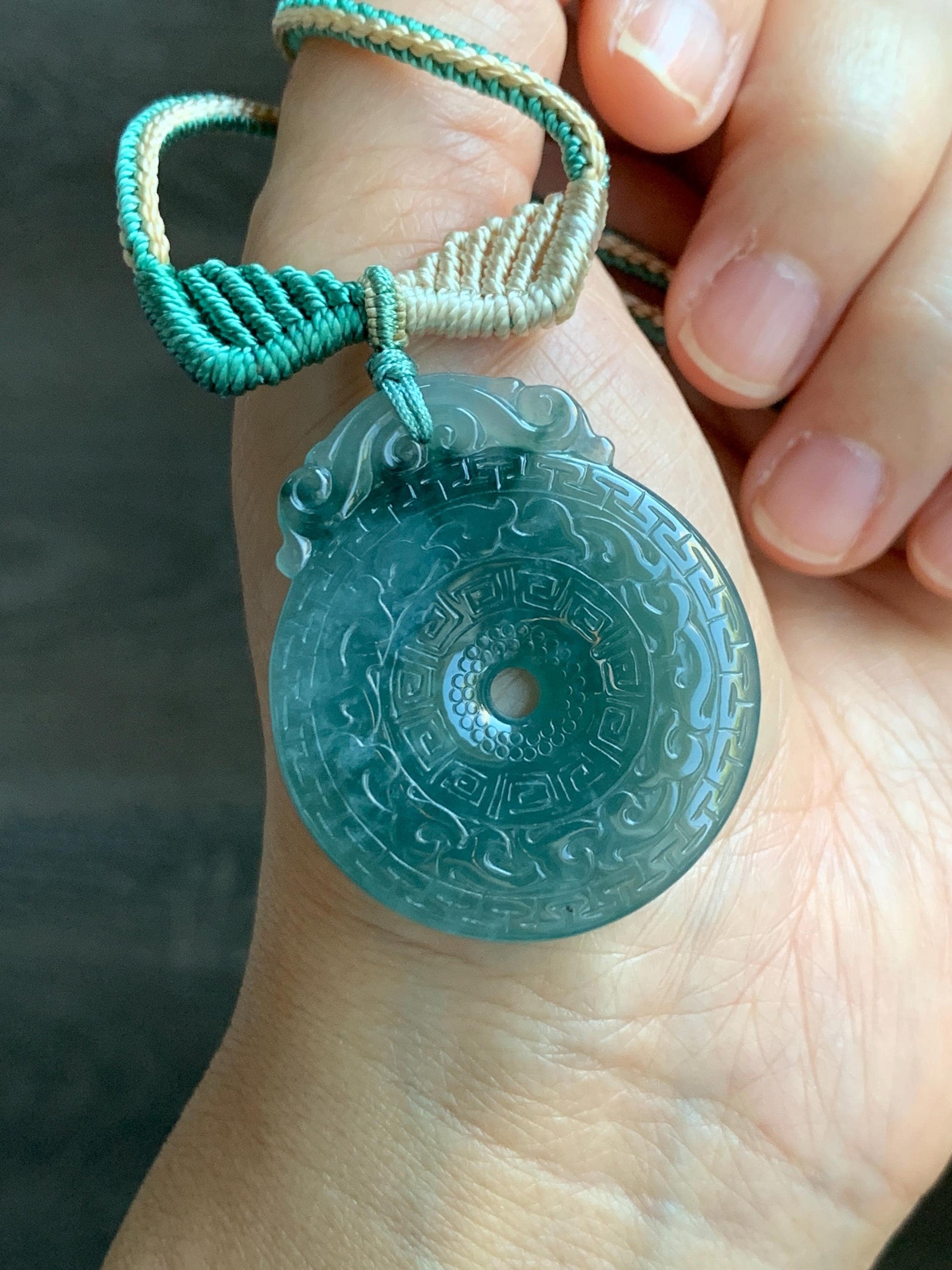 Natural Grade A Guatemalan Icy Translucent Teal Blue Jade Jadeite Engraved Ping An Kou Donut Rope Necklace 26” 16g 天然冰危蓝绿翡翠仿古雕平安扣吊坠 WEK248