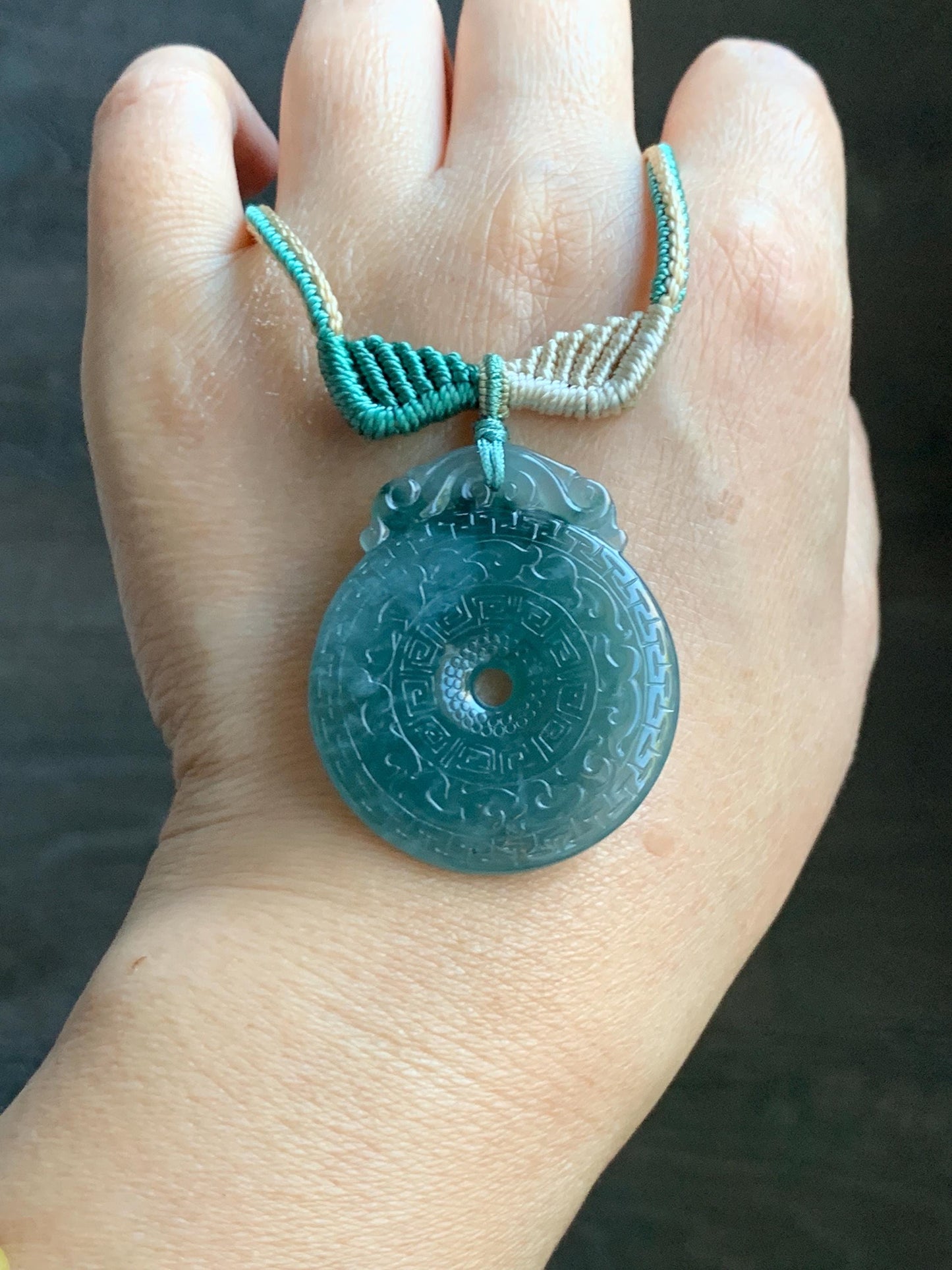 Natural Grade A Guatemalan Icy Translucent Teal Blue Jade Jadeite Engraved Ping An Kou Donut Rope Necklace 26” 16g 天然冰危蓝绿翡翠仿古雕平安扣吊坠 WEK248