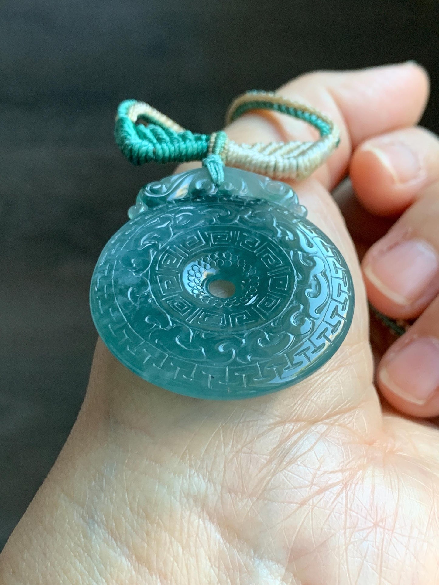 Natural Grade A Guatemalan Icy Translucent Teal Blue Jade Jadeite Engraved Ping An Kou Donut Rope Necklace 26” 16g 天然冰危蓝绿翡翠仿古雕平安扣吊坠 WEK248