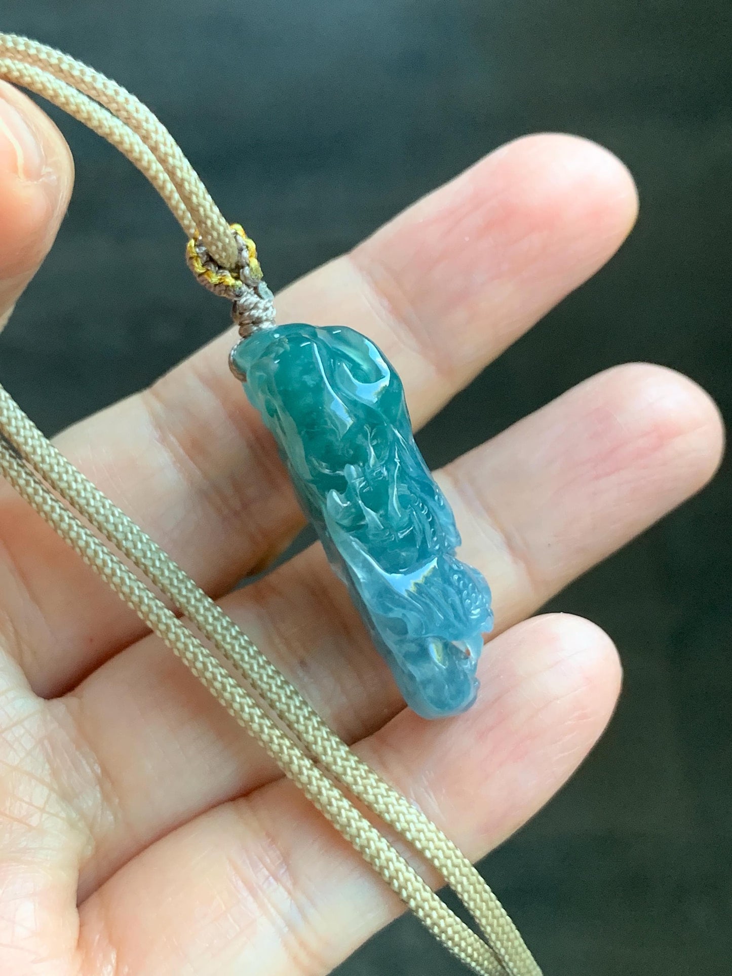 Natural Grade A Guatemalan Icy Translucent Teal Blue Marbled Jade Jadeite Carved Dragon Pendant Rope Necklace 25" 15g 天然冰危蓝紫翡翠精工龙头吊坠WLT288A