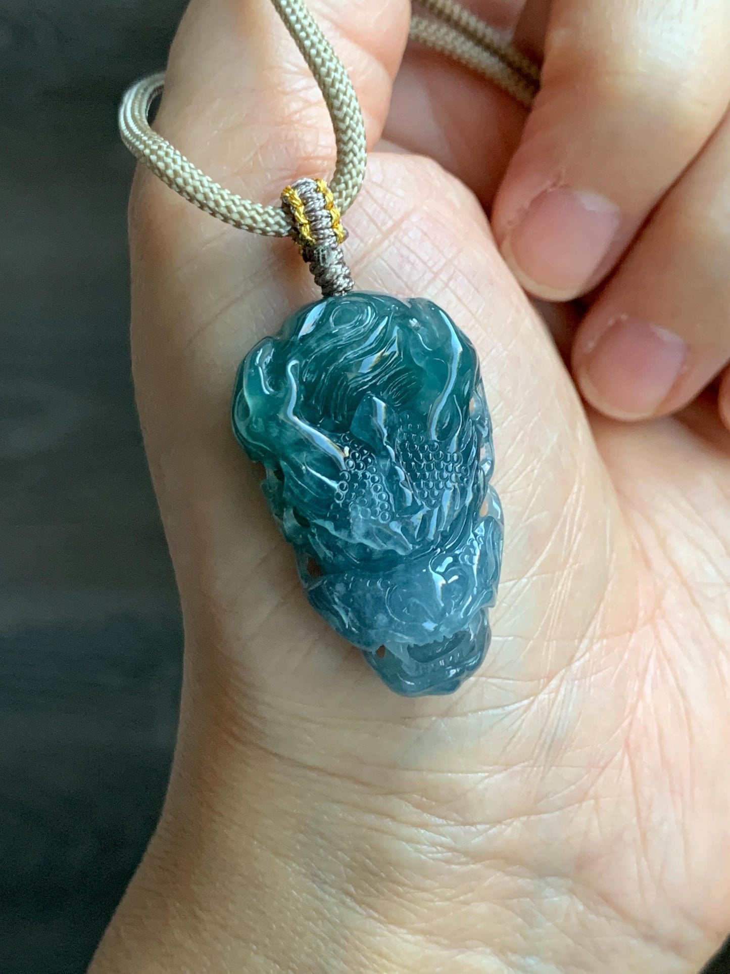Natural Grade A Guatemalan Icy Translucent Teal Blue Marbled Jade Jadeite Carved Dragon Pendant Rope Necklace 25" 15g 天然冰危蓝紫翡翠精工龙头吊坠WLT288A