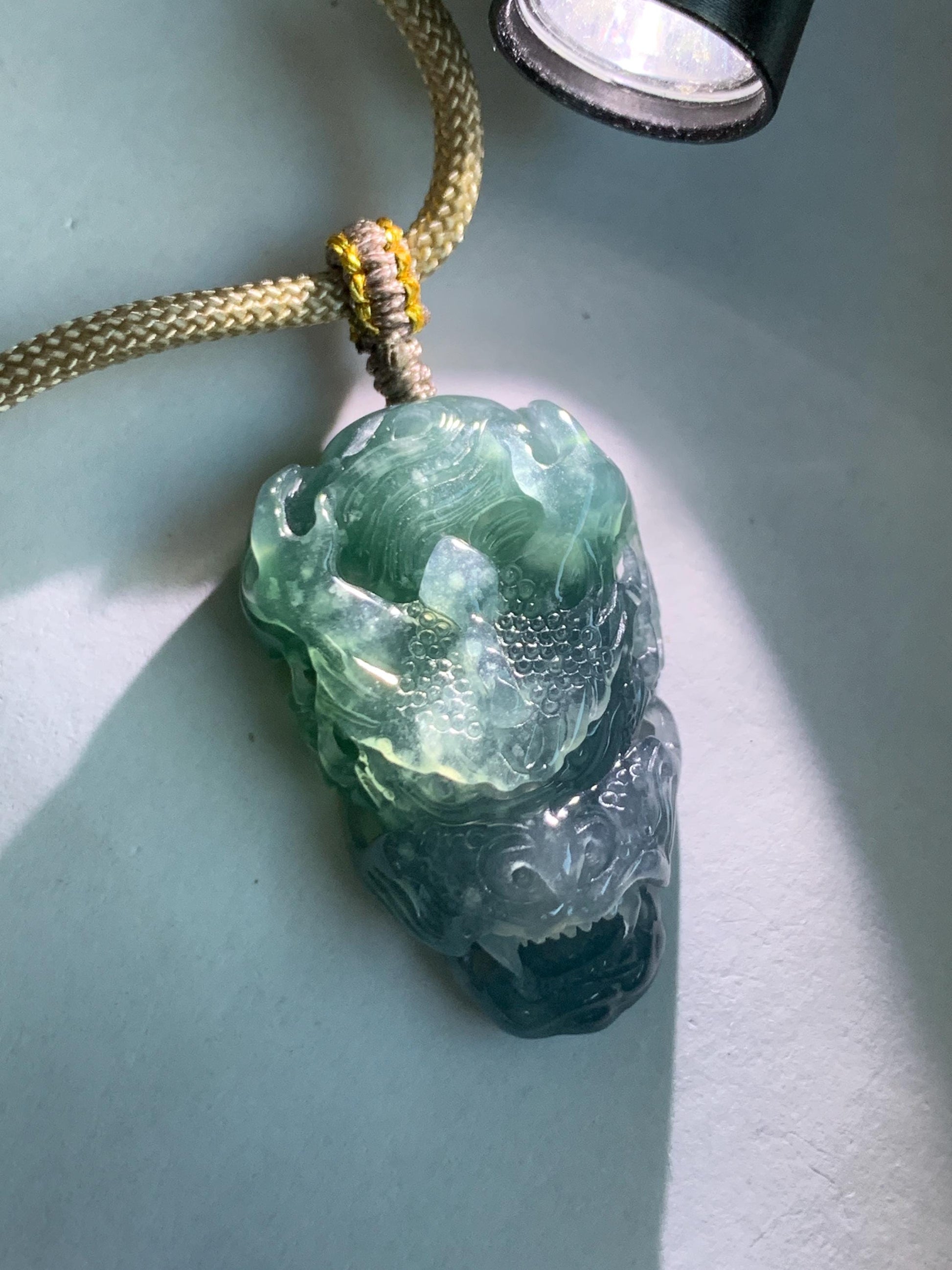 Natural Grade A Guatemalan Icy Translucent Teal Blue Marbled Jade Jadeite Carved Dragon Pendant Rope Necklace 25" 15g 天然冰危蓝紫翡翠精工龙头吊坠WLT288A