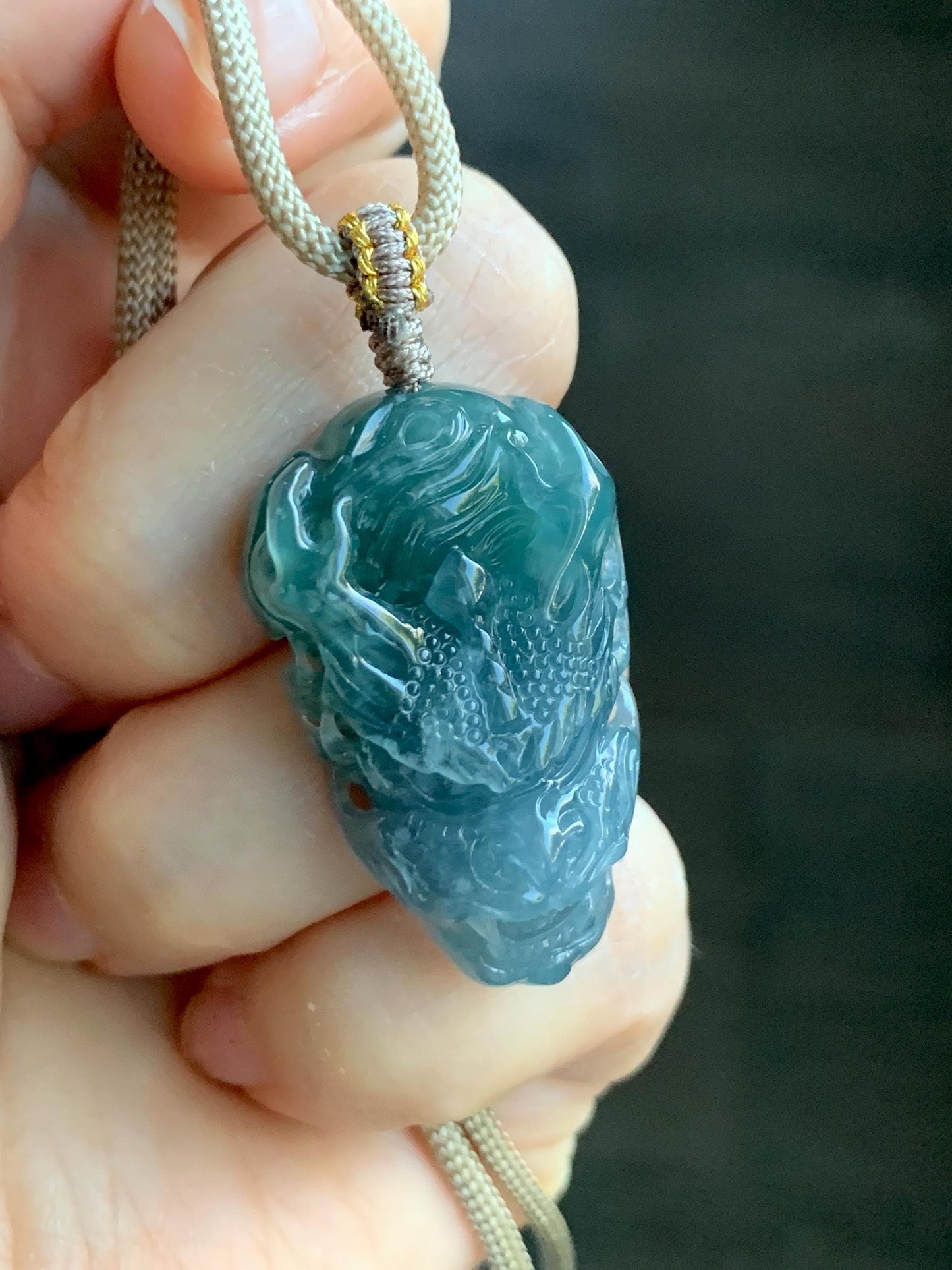 Natural Grade A Guatemalan Icy Translucent Teal Blue Marbled Jade Jadeite Carved Dragon Pendant Rope Necklace 25" 15g 天然冰危蓝紫翡翠精工龙头吊坠WLT288A