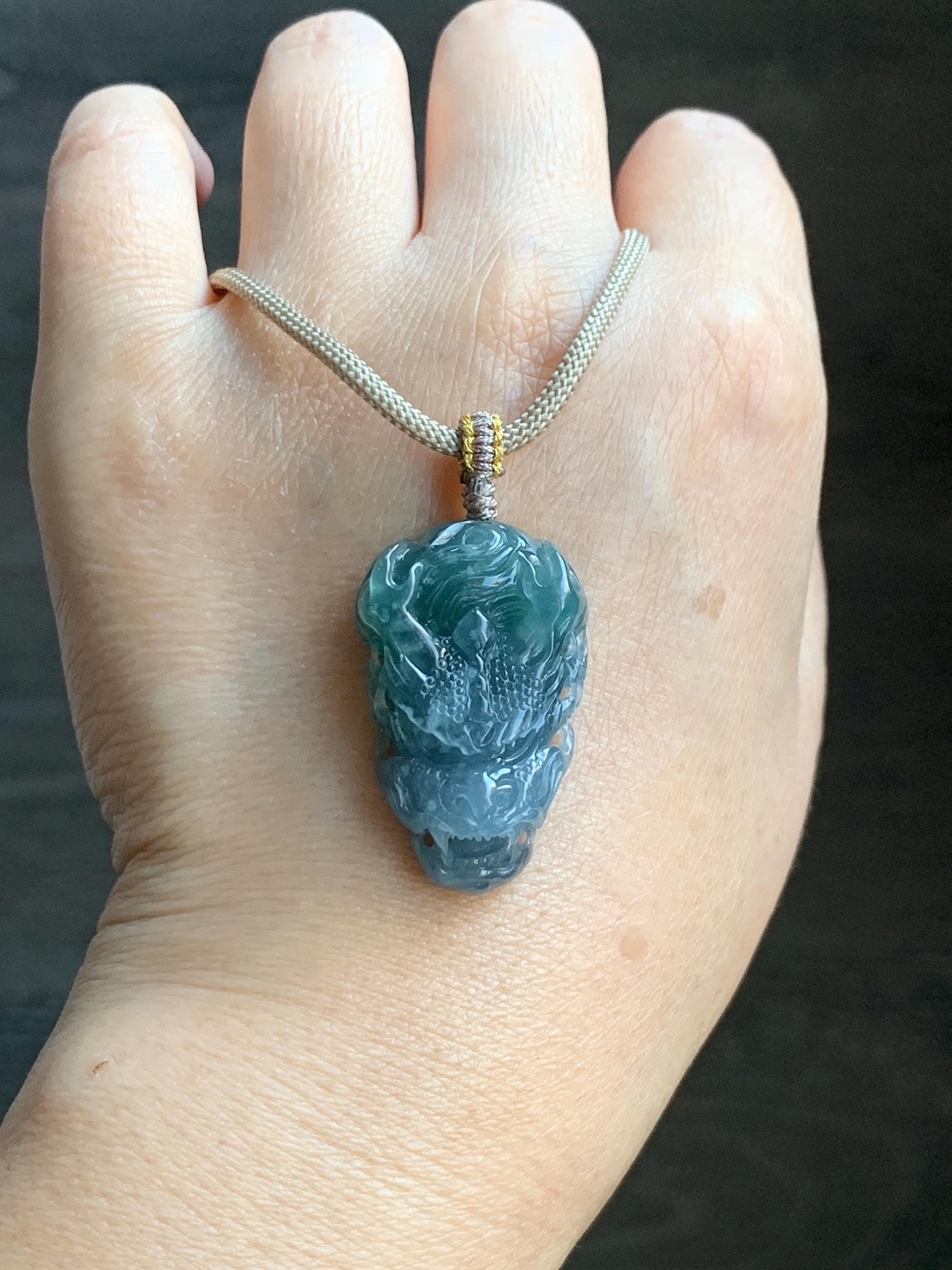Natural Grade A Guatemalan Icy Translucent Teal Blue Marbled Jade Jadeite Carved Dragon Pendant Rope Necklace 25" 15g 天然冰危蓝紫翡翠精工龙头吊坠WLT288A