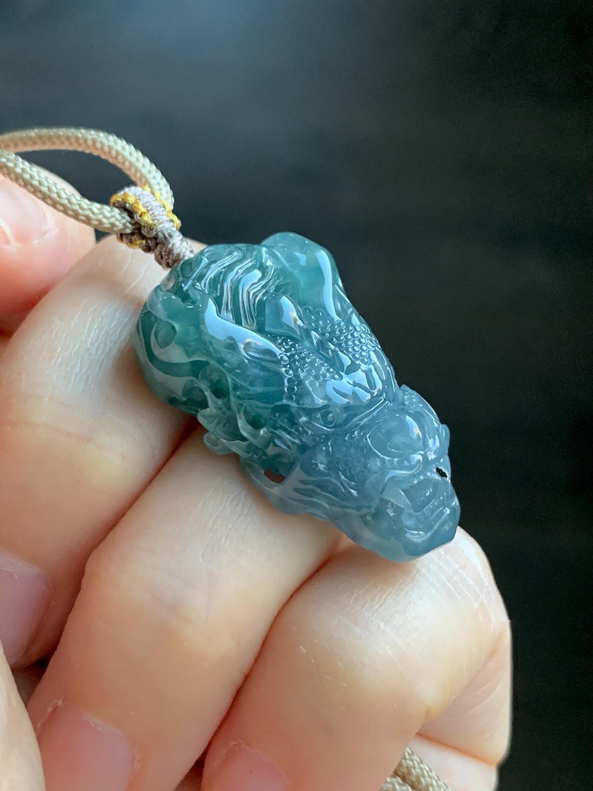 Natural Grade A Guatemalan Icy Translucent Teal Blue Marbled Jade Jadeite Carved Dragon Pendant Rope Necklace 25" 15g 天然冰危蓝紫翡翠精工龙头吊坠WLT288A