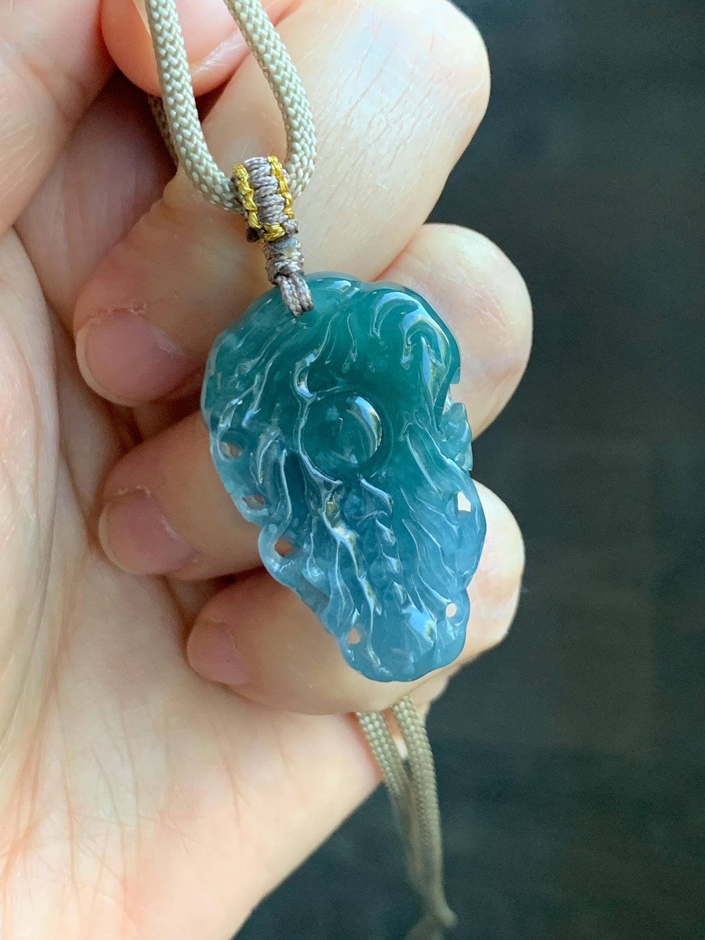 Natural Grade A Guatemalan Icy Translucent Teal Blue Marbled Jade Jadeite Carved Dragon Pendant Rope Necklace 25" 15g 天然冰危蓝紫翡翠精工龙头吊坠WLT288A