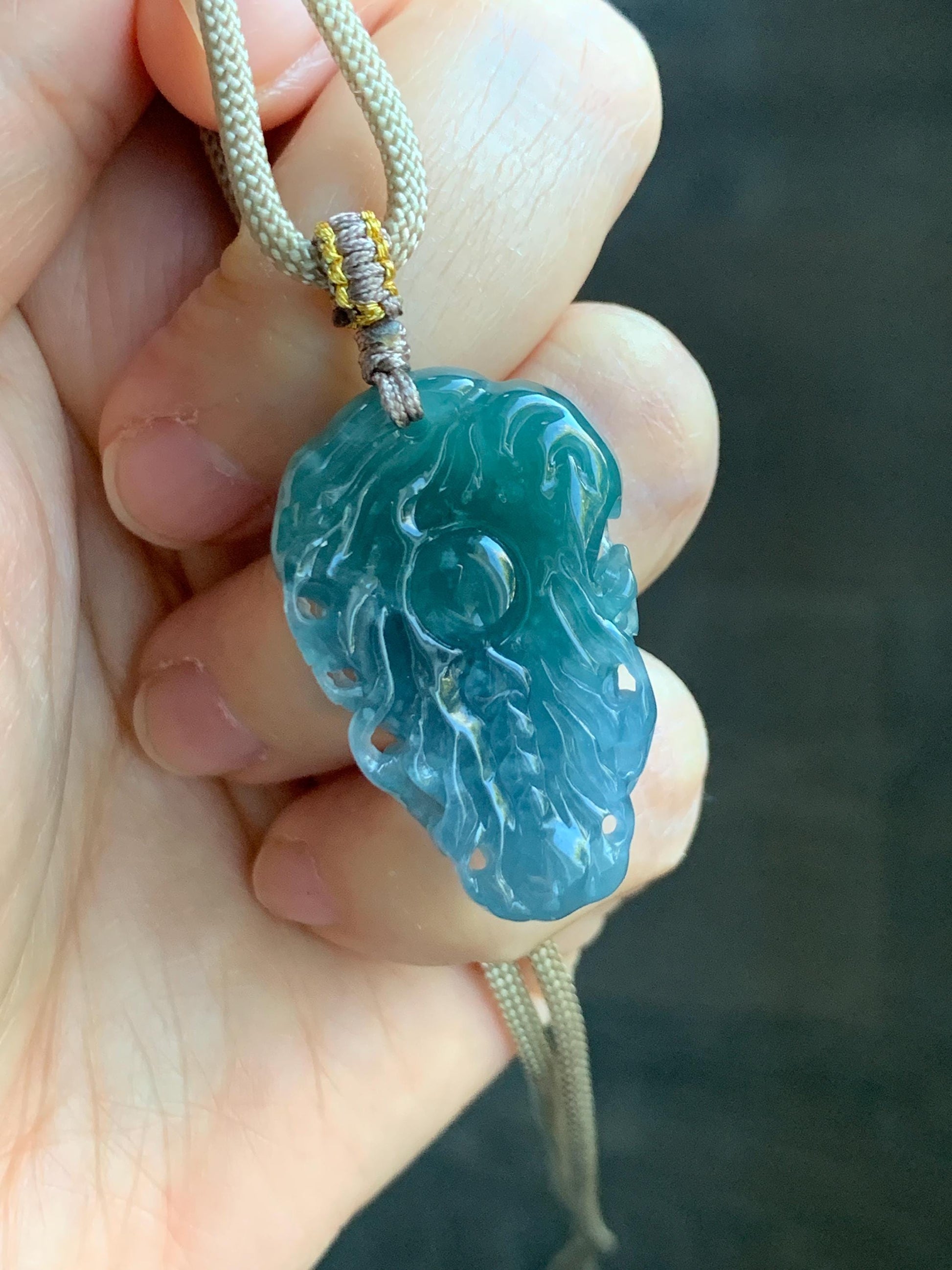 Natural Grade A Guatemalan Icy Translucent Teal Blue Marbled Jade Jadeite Carved Dragon Pendant Rope Necklace 25" 15g 天然冰危蓝紫翡翠精工龙头吊坠WLT288A