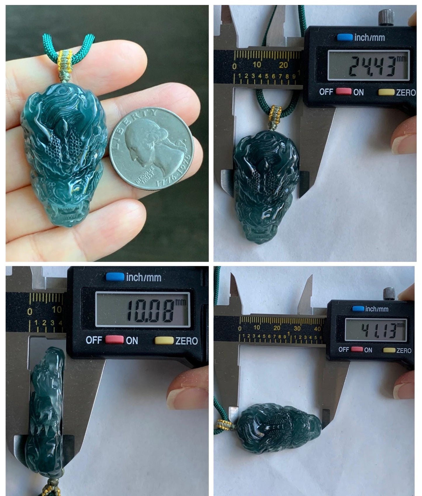 Natural Grade A Guatemalan Icy Translucent Dark Teal Green Jade Jadeite Carved Dragon Pendant Rope Necklace 26" 20g 天然冰危蓝绿翡翠精工龙头吊坠WLT288B