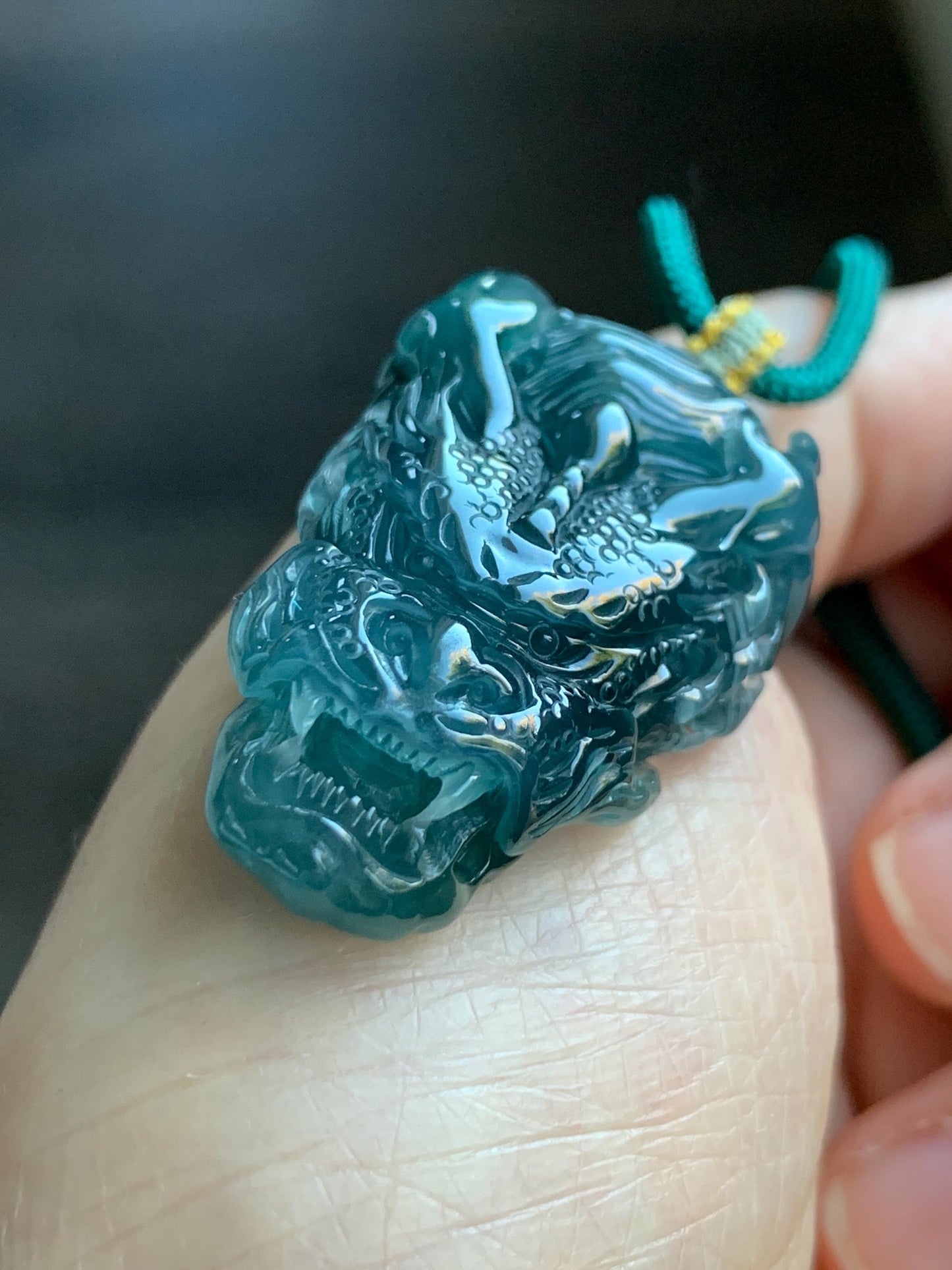 Natural Grade A Guatemalan Icy Translucent Dark Teal Green Jade Jadeite Carved Dragon Pendant Rope Necklace 26" 20g 天然冰危蓝绿翡翠精工龙头吊坠WLT288B