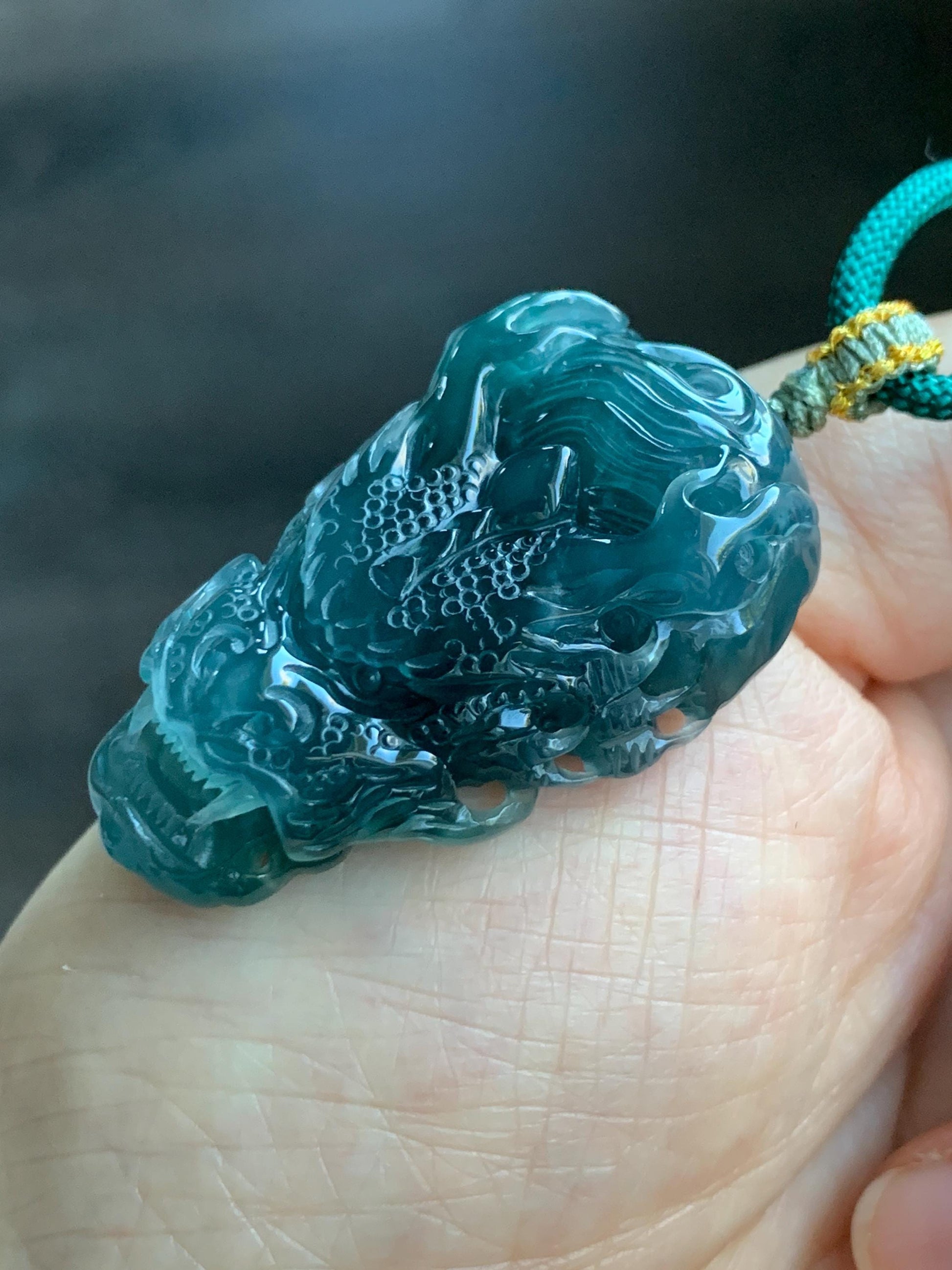 Natural Grade A Guatemalan Icy Translucent Dark Teal Green Jade Jadeite Carved Dragon Pendant Rope Necklace 26" 20g 天然冰危蓝绿翡翠精工龙头吊坠WLT288B