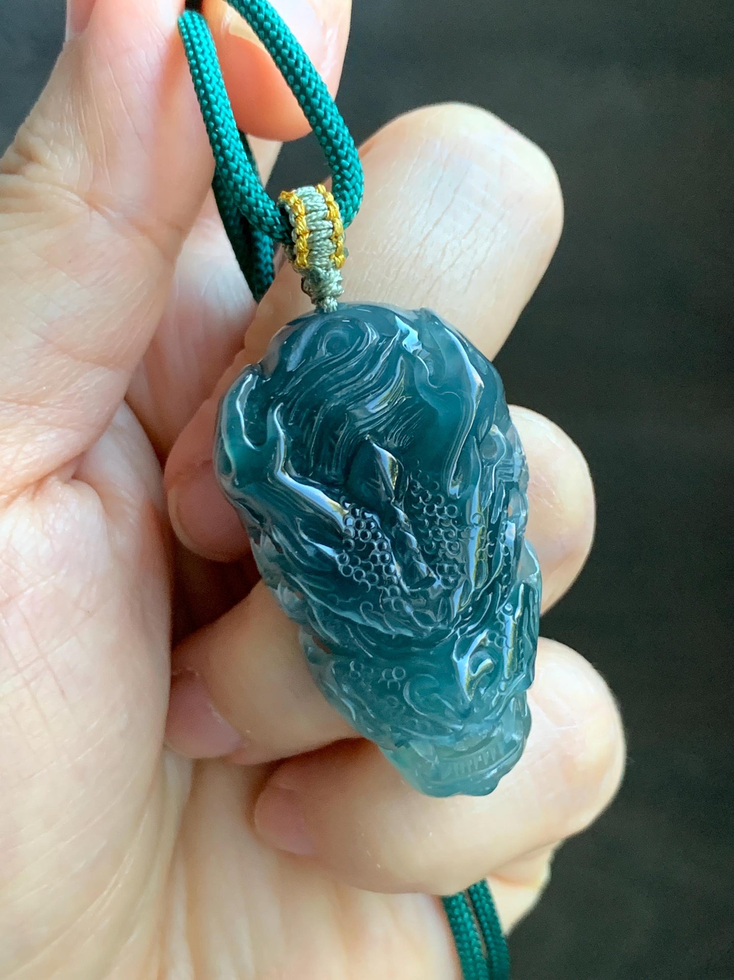 Natural Grade A Guatemalan Icy Translucent Dark Teal Green Jade Jadeite Carved Dragon Pendant Rope Necklace 26" 20g 天然冰危蓝绿翡翠精工龙头吊坠WLT288B