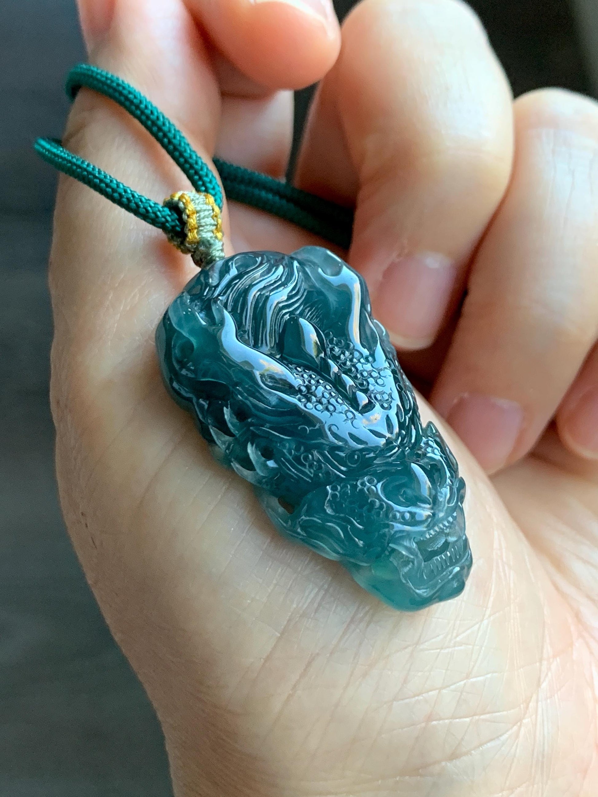 Natural Grade A Guatemalan Icy Translucent Dark Teal Green Jade Jadeite Carved Dragon Pendant Rope Necklace 26" 20g 天然冰危蓝绿翡翠精工龙头吊坠WLT288B