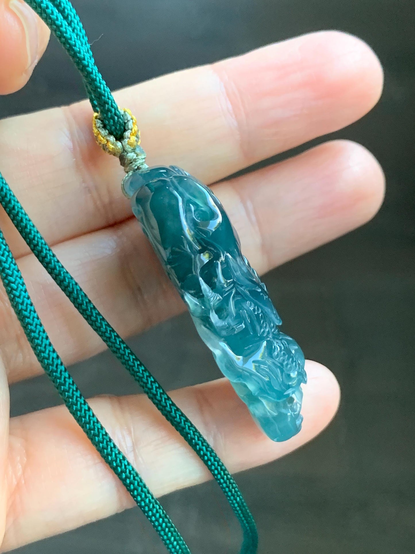 Natural Grade A Guatemalan Icy Translucent Dark Teal Green Jade Jadeite Carved Dragon Pendant Rope Necklace 26" 20g 天然冰危蓝绿翡翠精工龙头吊坠WLT288B