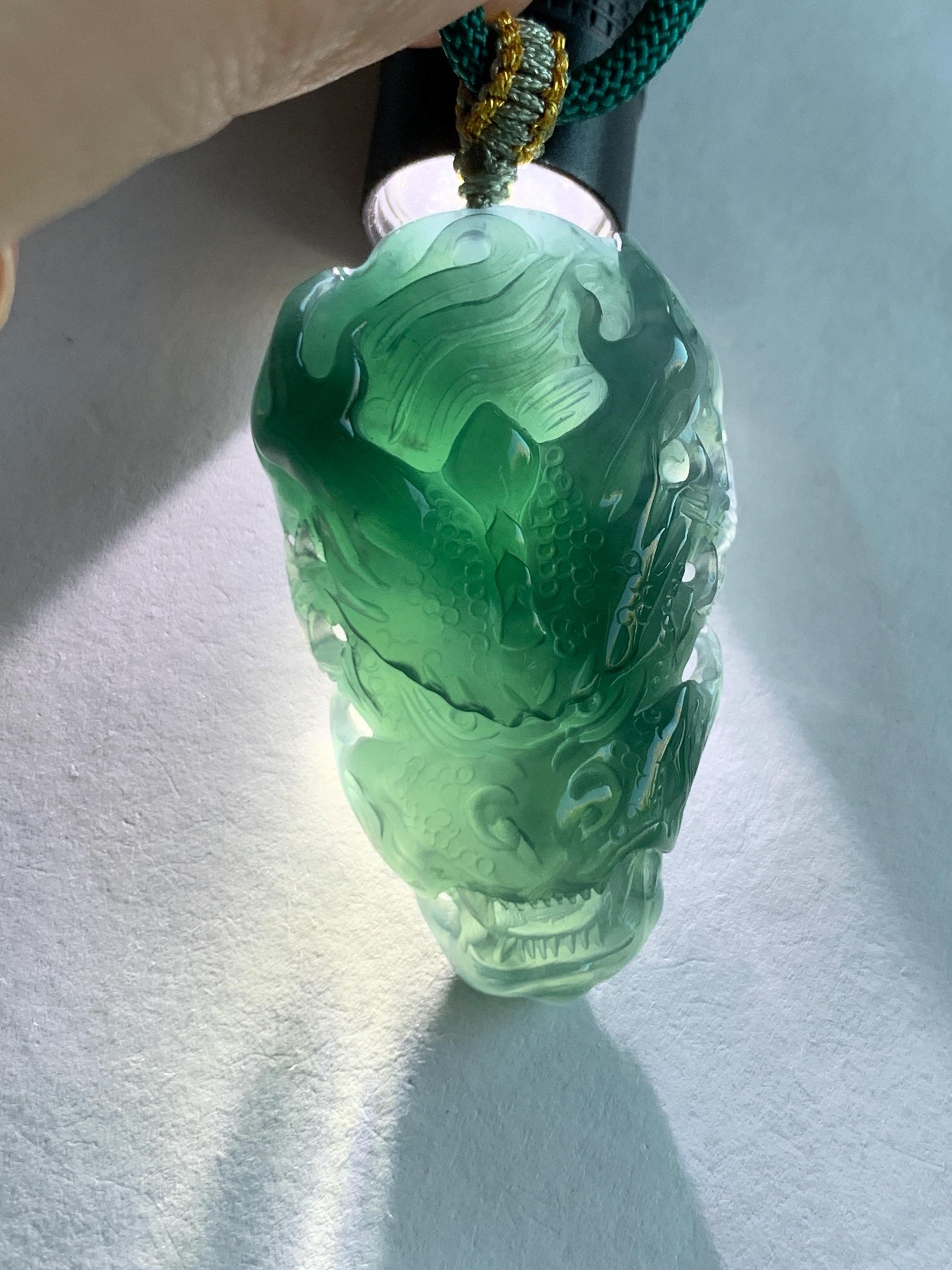 Natural Grade A Guatemalan Icy Translucent Dark Teal Green Jade Jadeite Carved Dragon Pendant Rope Necklace 26" 20g 天然冰危蓝绿翡翠精工龙头吊坠WLT288B