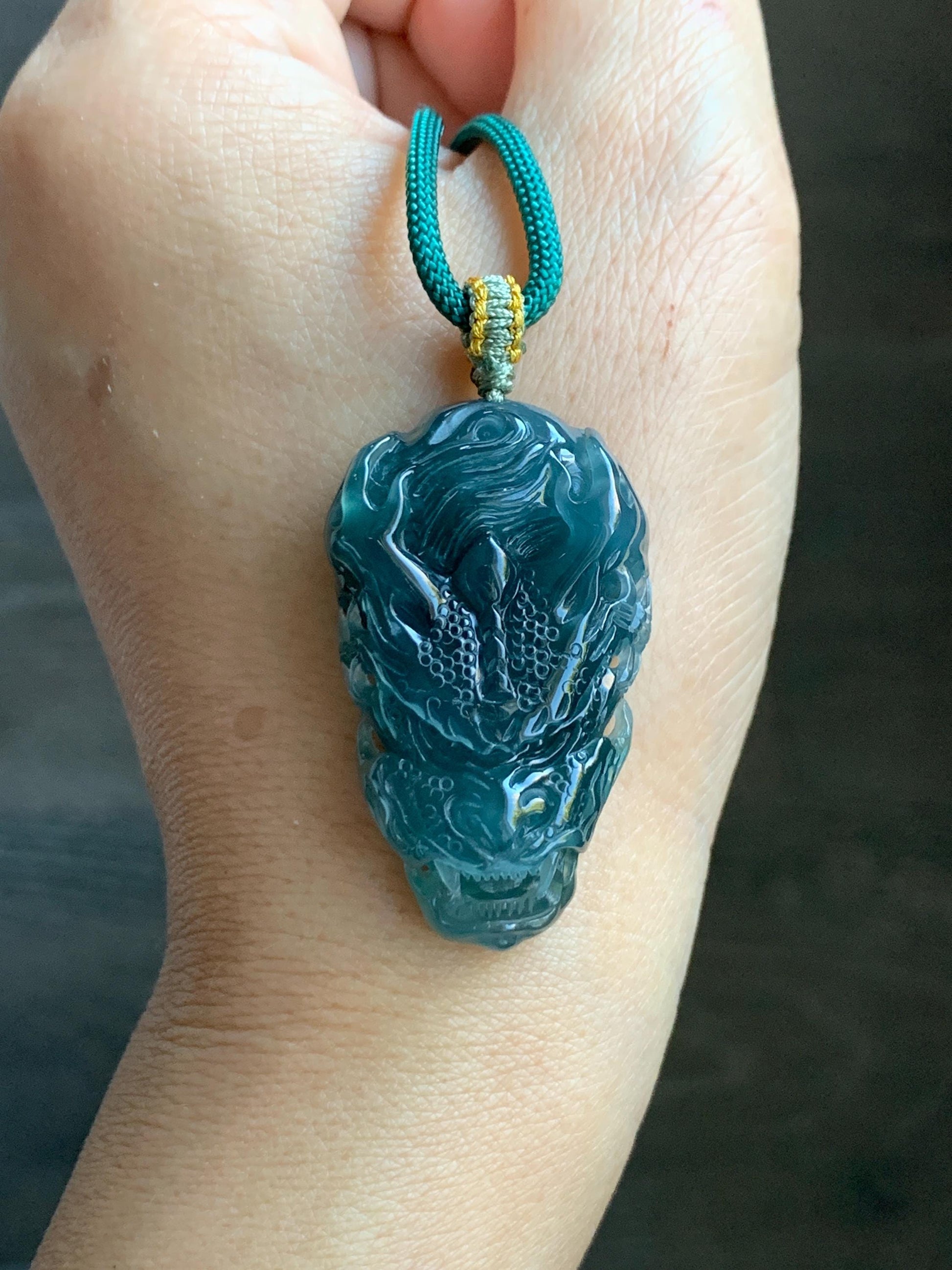 Natural Grade A Guatemalan Icy Translucent Dark Teal Green Jade Jadeite Carved Dragon Pendant Rope Necklace 26" 20g 天然冰危蓝绿翡翠精工龙头吊坠WLT288B