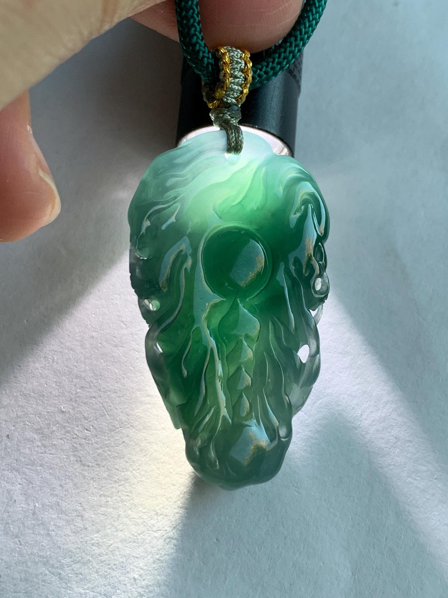 Natural Grade A Guatemalan Icy Translucent Dark Teal Green Jade Jadeite Carved Dragon Pendant Rope Necklace 26" 20g 天然冰危蓝绿翡翠精工龙头吊坠WLT288B