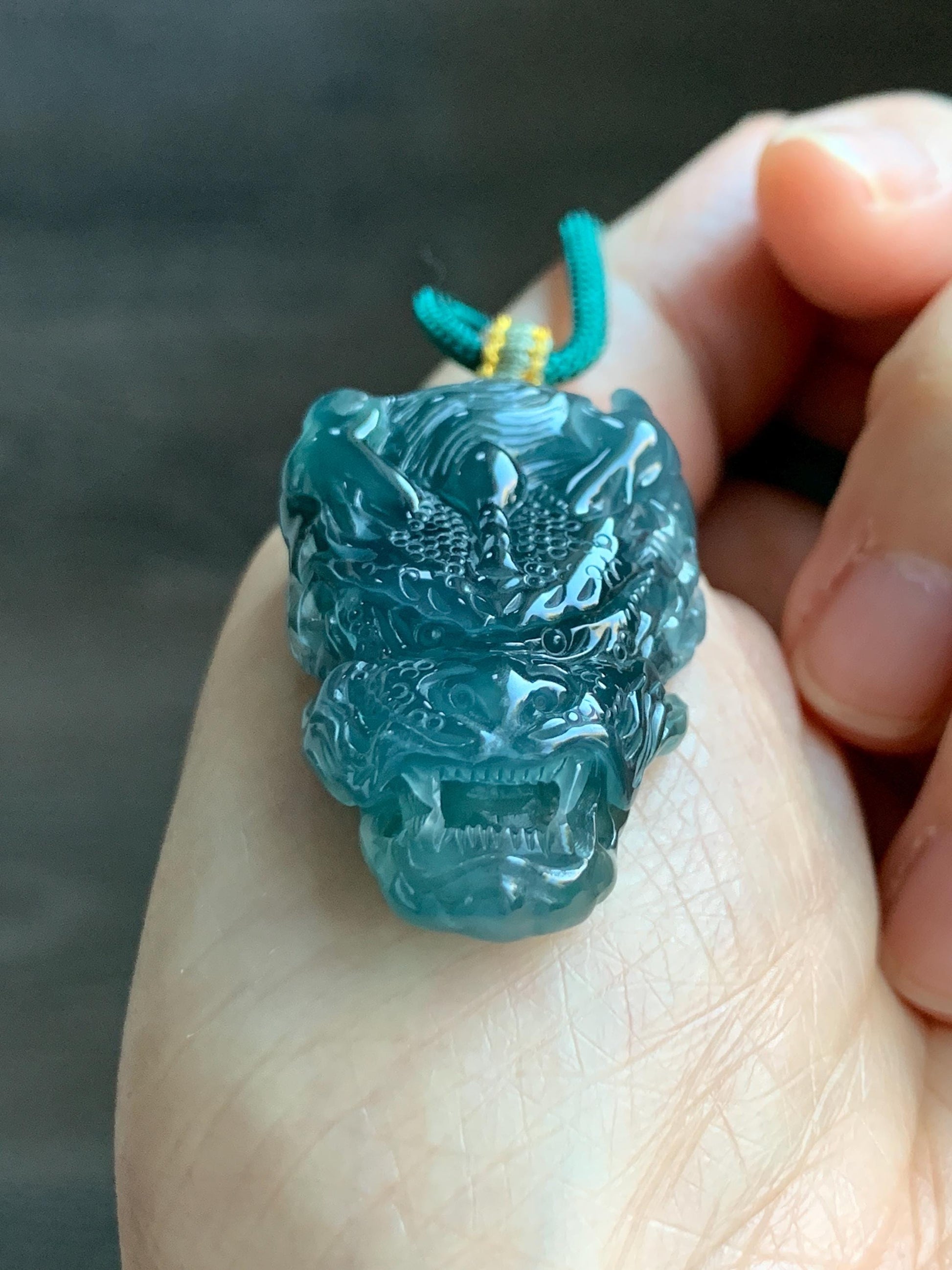 Natural Grade A Guatemalan Icy Translucent Dark Teal Green Jade Jadeite Carved Dragon Pendant Rope Necklace 26" 20g 天然冰危蓝绿翡翠精工龙头吊坠WLT288B