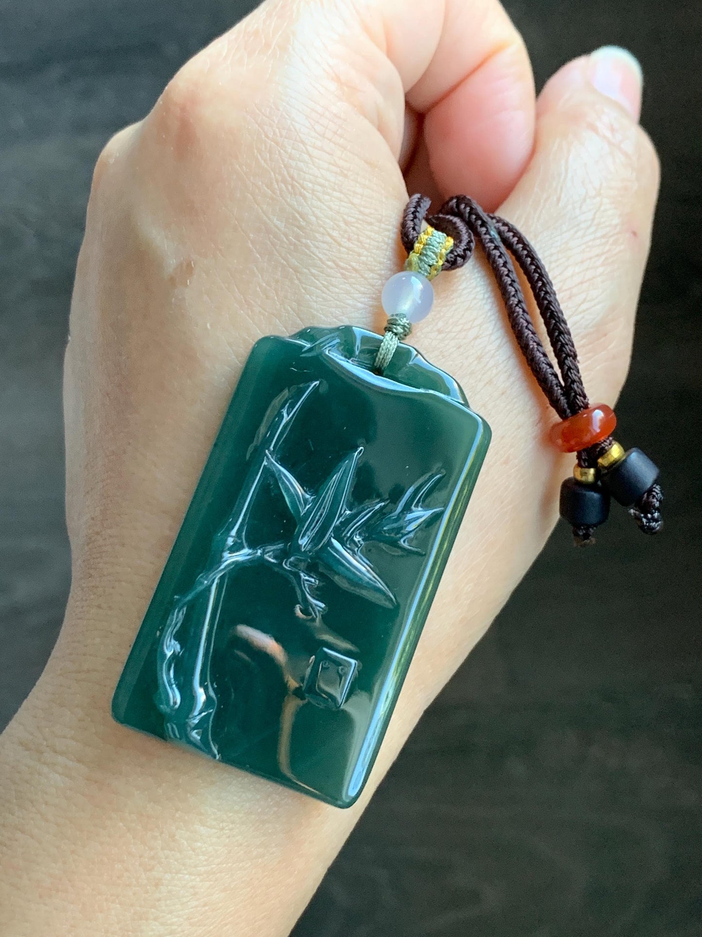 Natural Grade A Guatemalan Icy Translucent Dark Teal Green Jade Jadeite Carved Bamboo Pendant Rope Necklace 24.5" 24g 天然冰危湖水绿翡翠竹节牌吊坠WZJ282
