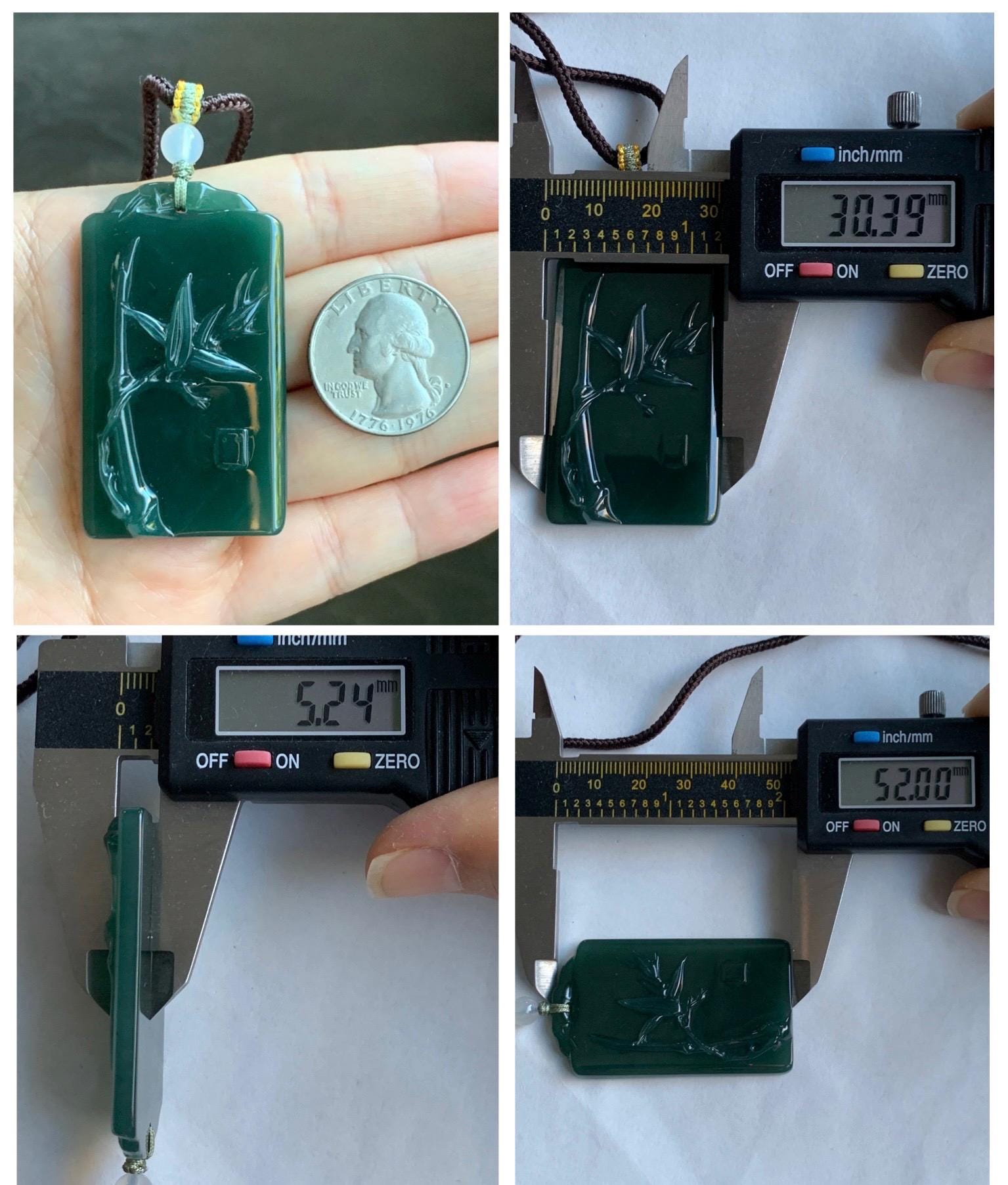 Natural Grade A Guatemalan Icy Translucent Dark Teal Green Jade Jadeite Carved Bamboo Pendant Rope Necklace 24.5" 24g 天然冰危湖水绿翡翠竹节牌吊坠WZJ282