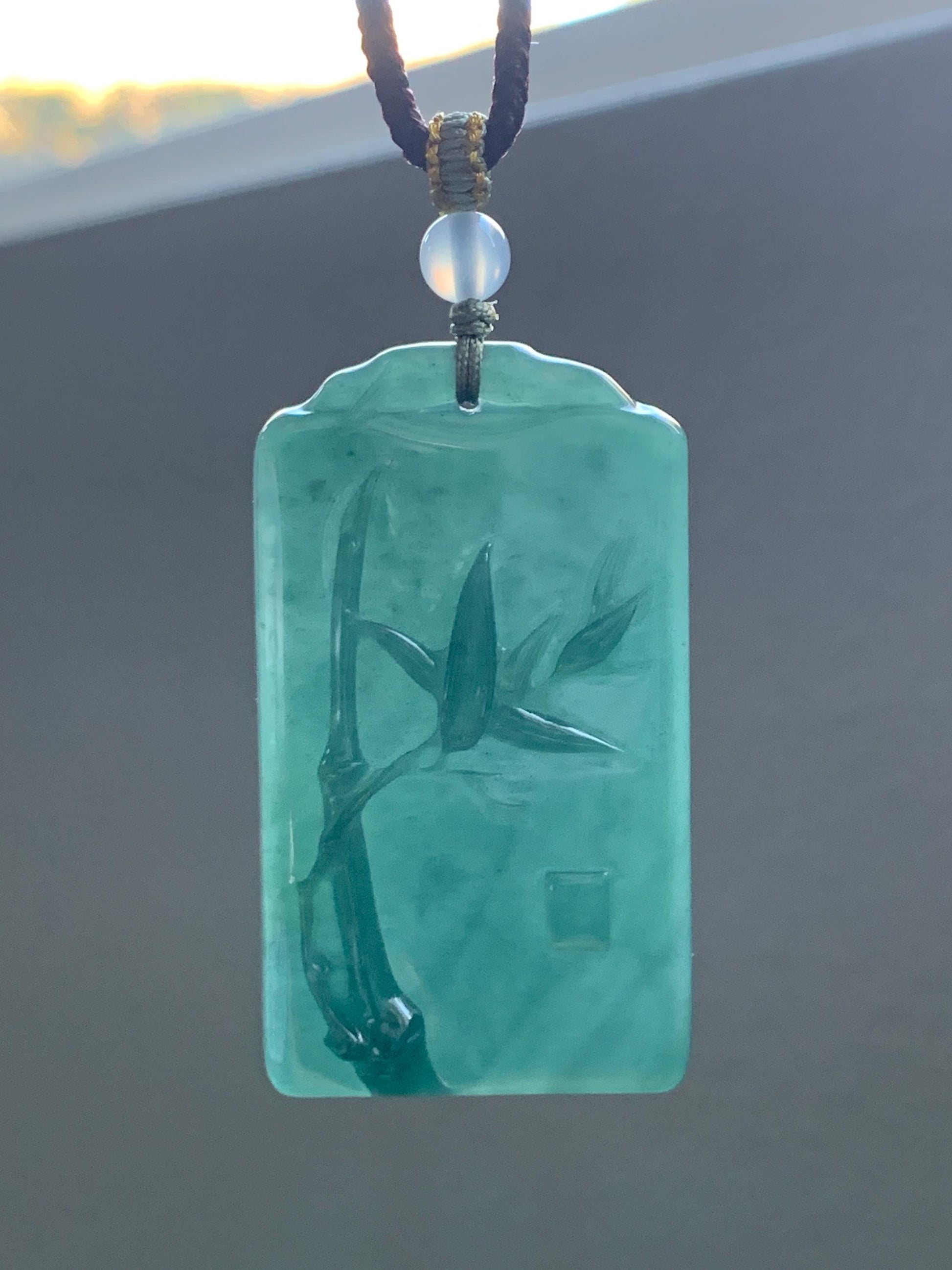 Natural Grade A Guatemalan Icy Translucent Dark Teal Green Jade Jadeite Carved Bamboo Pendant Rope Necklace 24.5" 24g 天然冰危湖水绿翡翠竹节牌吊坠WZJ282
