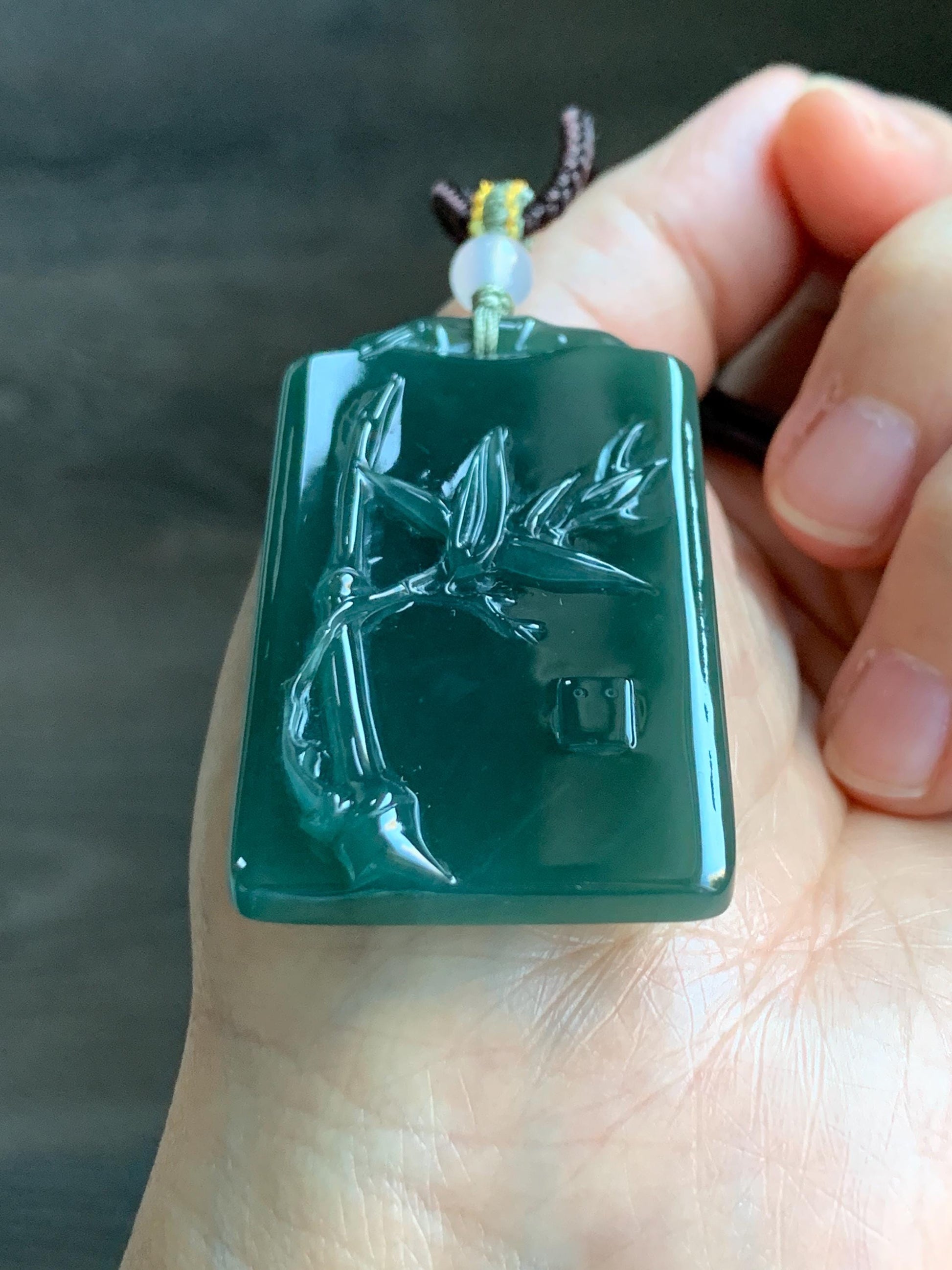Natural Grade A Guatemalan Icy Translucent Dark Teal Green Jade Jadeite Carved Bamboo Pendant Rope Necklace 24.5" 24g 天然冰危湖水绿翡翠竹节牌吊坠WZJ282