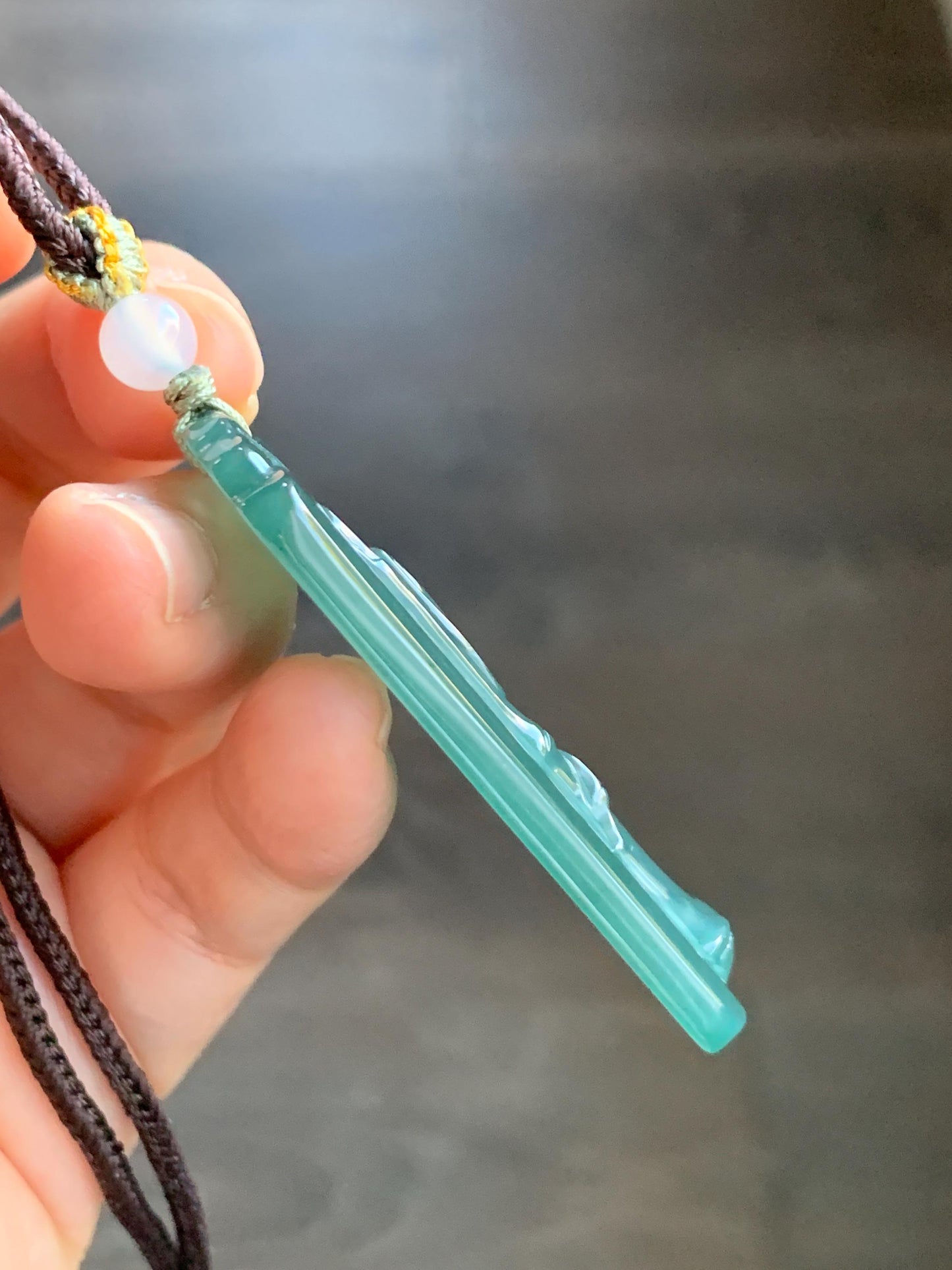 Natural Grade A Guatemalan Icy Translucent Dark Teal Green Jade Jadeite Carved Bamboo Pendant Rope Necklace 24.5" 24g 天然冰危湖水绿翡翠竹节牌吊坠WZJ282