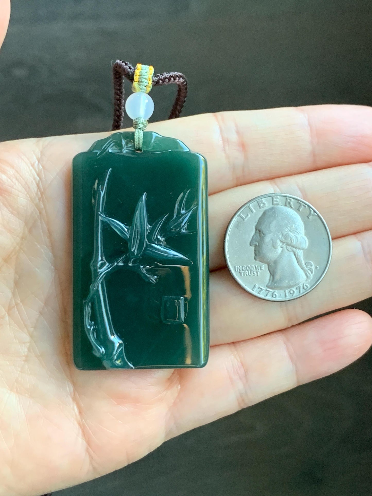 Natural Grade A Guatemalan Icy Translucent Dark Teal Green Jade Jadeite Carved Bamboo Pendant Rope Necklace 24.5" 24g 天然冰危湖水绿翡翠竹节牌吊坠WZJ282