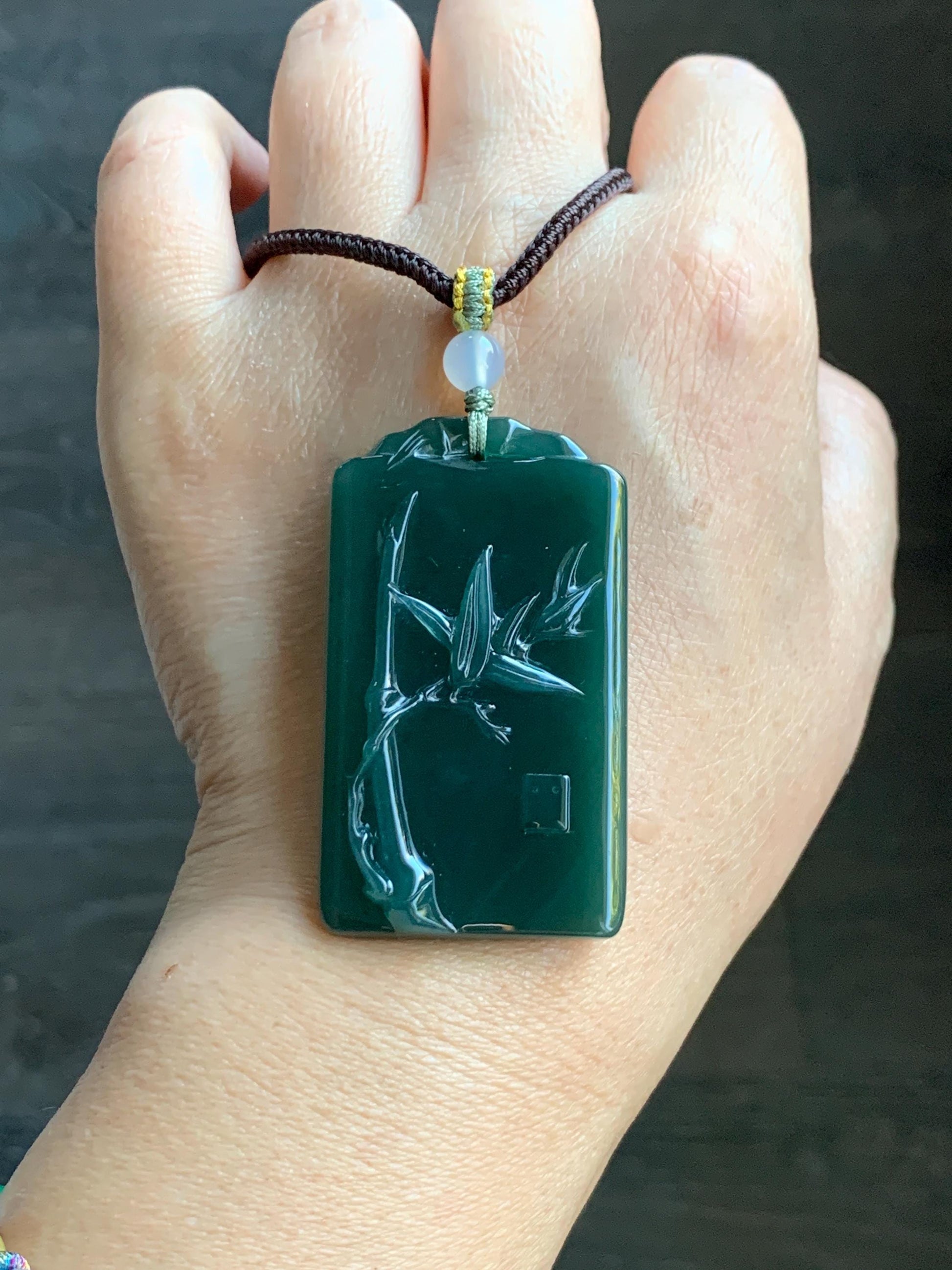Natural Grade A Guatemalan Icy Translucent Dark Teal Green Jade Jadeite Carved Bamboo Pendant Rope Necklace 24.5" 24g 天然冰危湖水绿翡翠竹节牌吊坠WZJ282
