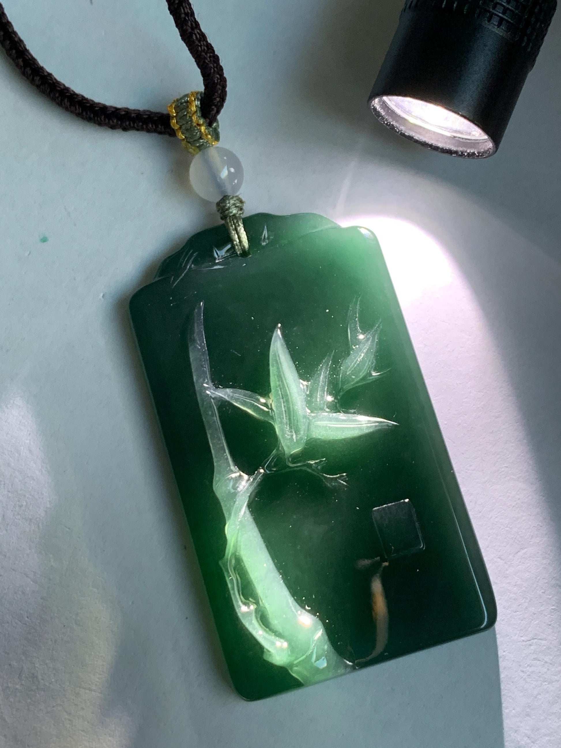 Natural Grade A Guatemalan Icy Translucent Dark Teal Green Jade Jadeite Carved Bamboo Pendant Rope Necklace 24.5" 24g 天然冰危湖水绿翡翠竹节牌吊坠WZJ282