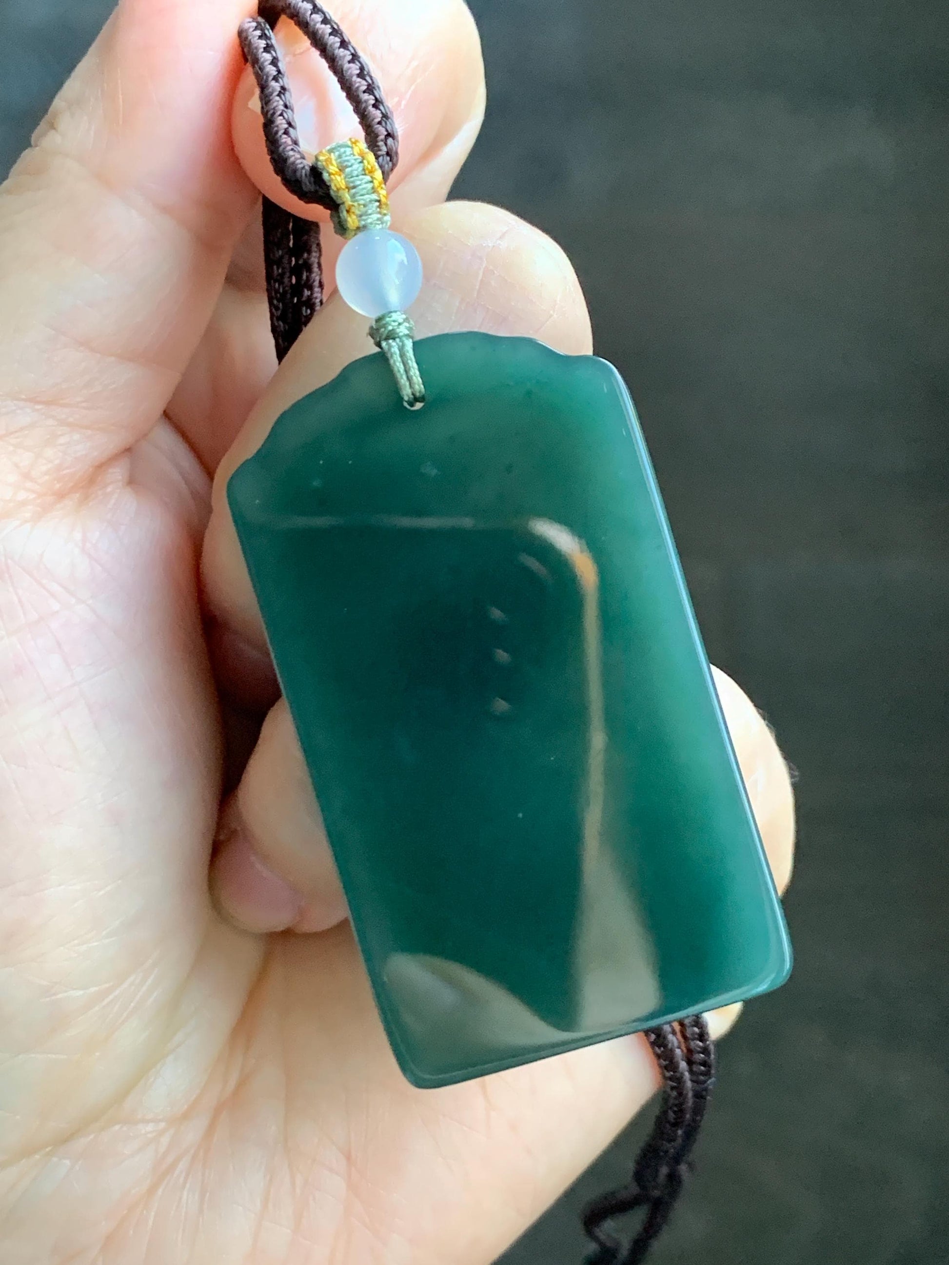 Natural Grade A Guatemalan Icy Translucent Dark Teal Green Jade Jadeite Carved Bamboo Pendant Rope Necklace 24.5" 24g 天然冰危湖水绿翡翠竹节牌吊坠WZJ282
