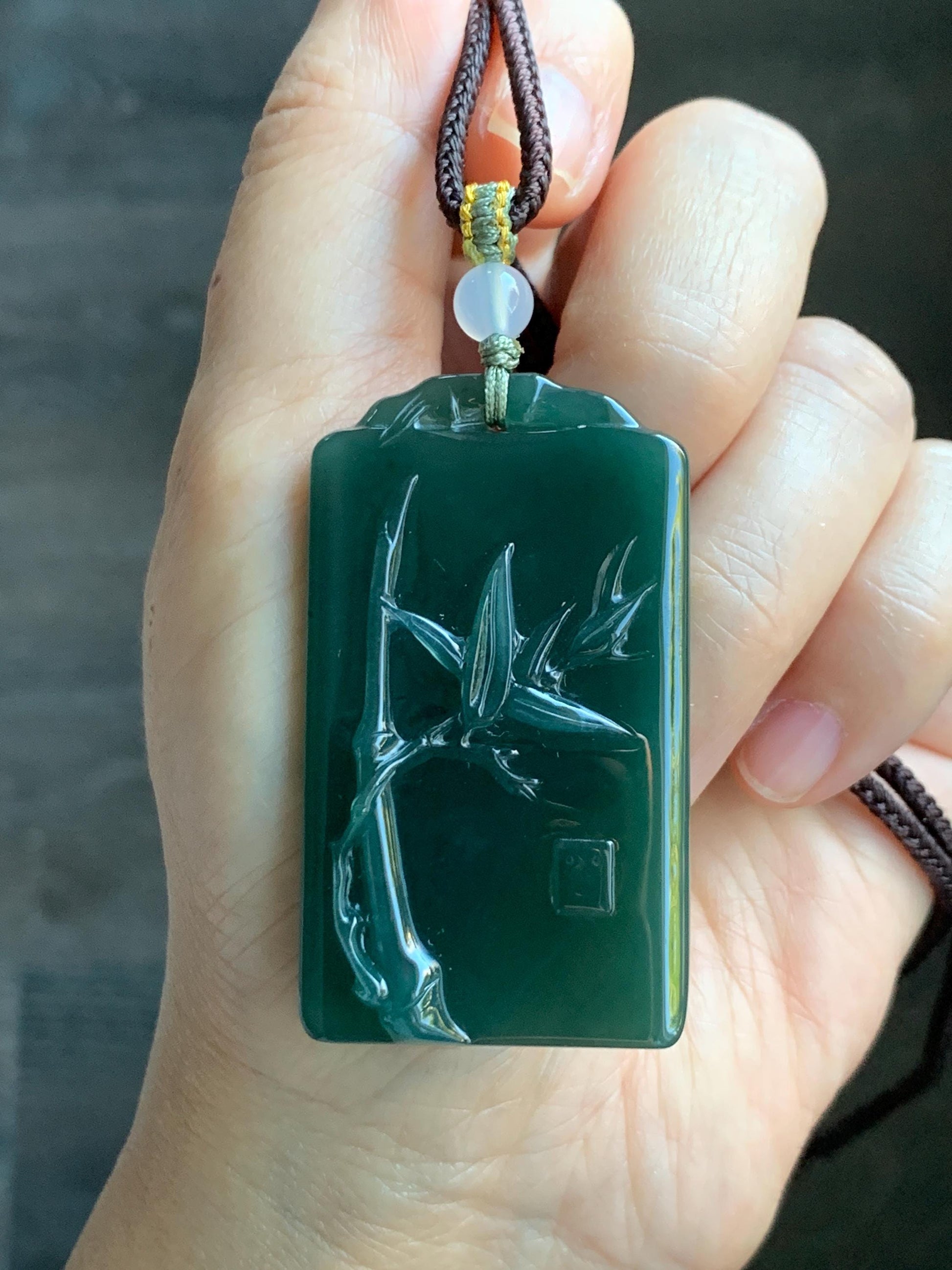 Natural Grade A Guatemalan Icy Translucent Dark Teal Green Jade Jadeite Carved Bamboo Pendant Rope Necklace 24.5" 24g 天然冰危湖水绿翡翠竹节牌吊坠WZJ282