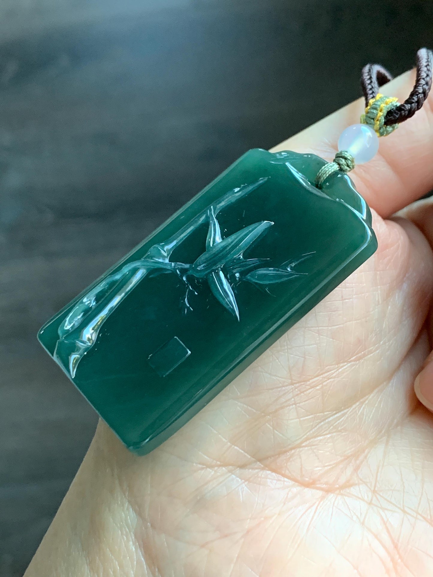 Natural Grade A Guatemalan Icy Translucent Dark Teal Green Jade Jadeite Carved Bamboo Pendant Rope Necklace 24.5" 24g 天然冰危湖水绿翡翠竹节牌吊坠WZJ282