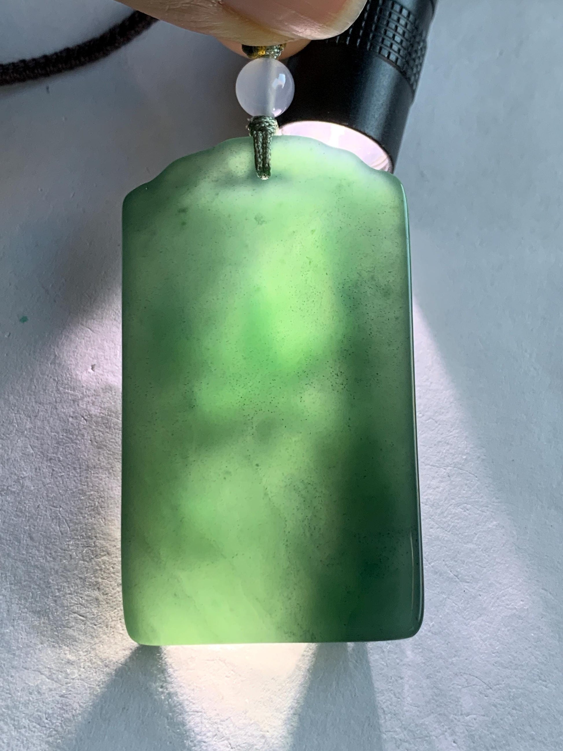 Natural Grade A Guatemalan Icy Translucent Dark Teal Green Jade Jadeite Carved Bamboo Pendant Rope Necklace 24.5" 24g 天然冰危湖水绿翡翠竹节牌吊坠WZJ282