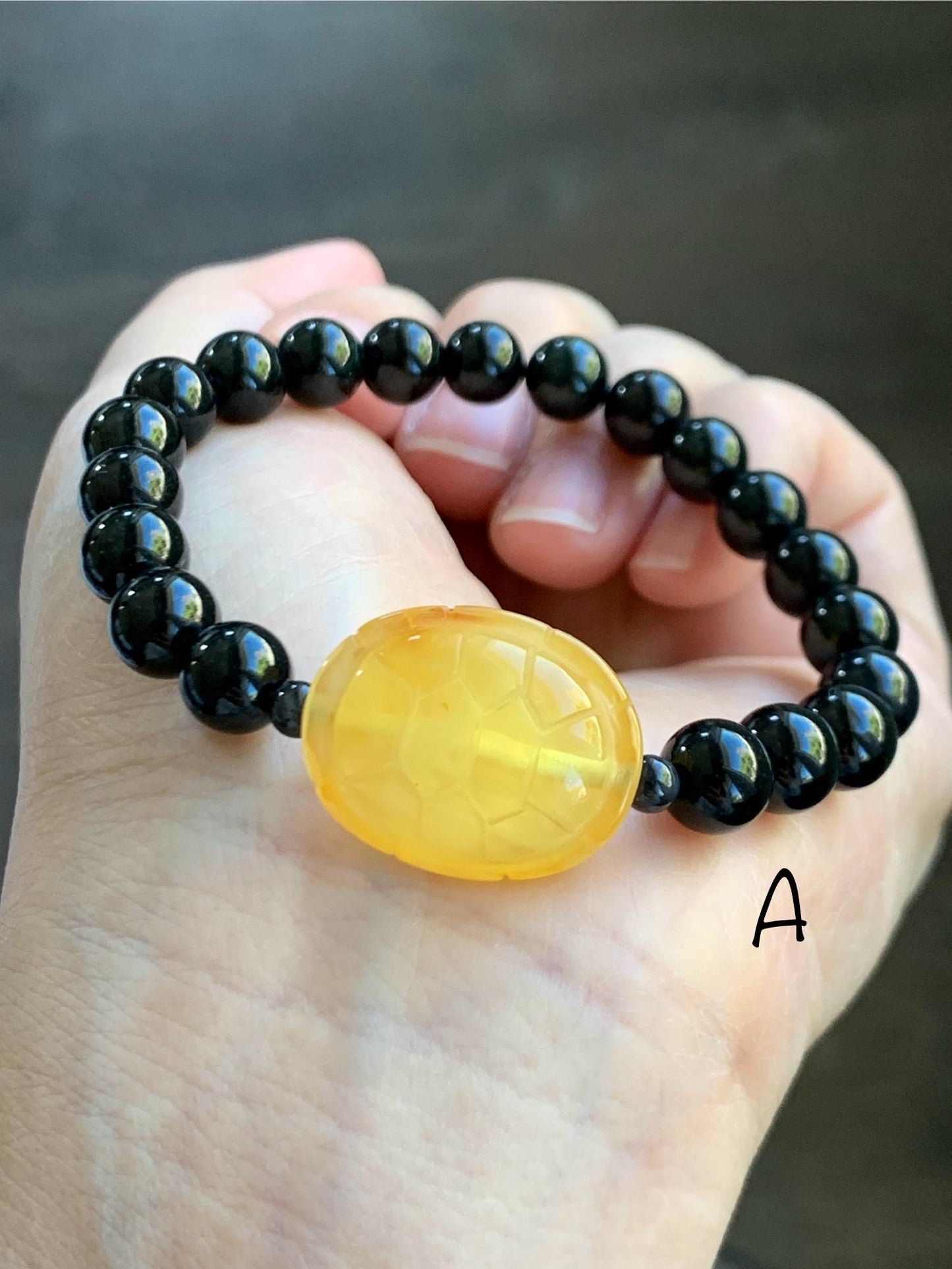 Natural Grade A Opaque Black Jade Jadeite Natural Tree Resin Carved Turle Shell Beaded Bracelet 8mm 6.25” 6.75” 7” 天然墨翠圆珠蜜蜡富甲手串 MHP