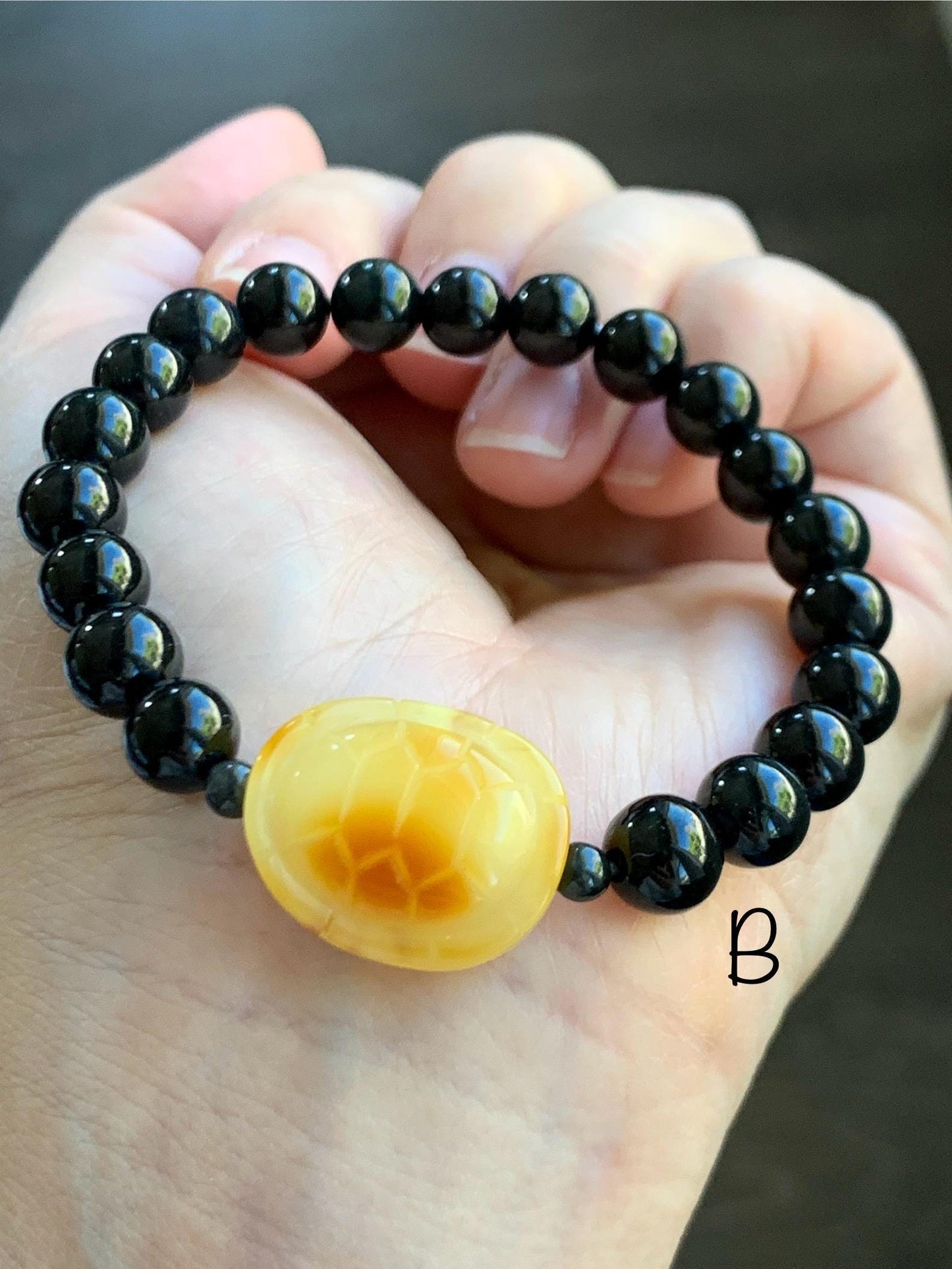 Natural Grade A Opaque Black Jade Jadeite Natural Tree Resin Carved Turle Shell Beaded Bracelet 8mm 6.25” 6.75” 7” 天然墨翠圆珠蜜蜡富甲手串 MHP