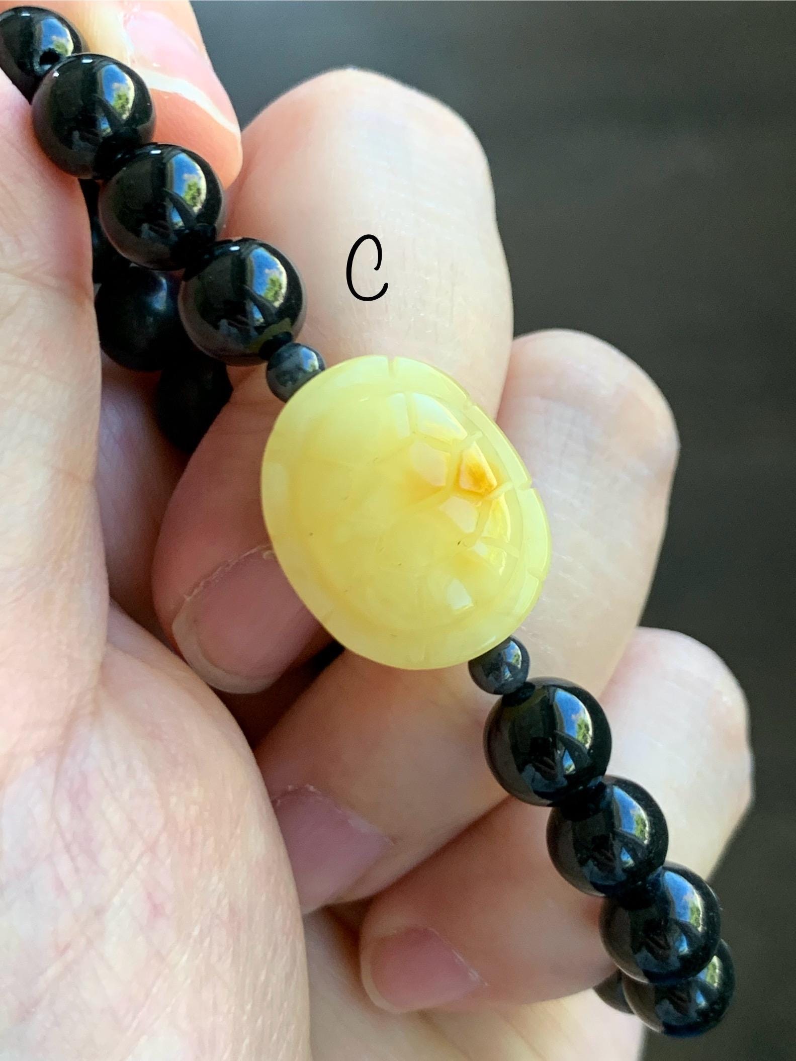 Natural Grade A Opaque Black Jade Jadeite Natural Tree Resin Carved Turle Shell Beaded Bracelet 8mm 6.25” 6.75” 7” 天然墨翠圆珠蜜蜡富甲手串 MHP