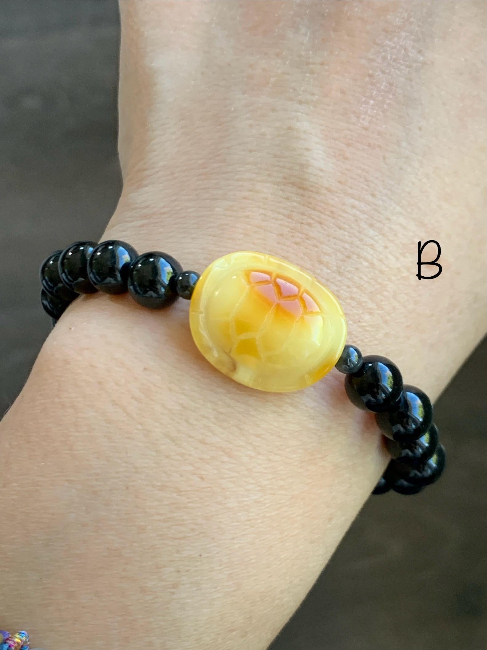 Natural Grade A Opaque Black Jade Jadeite Natural Tree Resin Carved Turle Shell Beaded Bracelet 8mm 6.25” 6.75” 7” 天然墨翠圆珠蜜蜡富甲手串 MHP