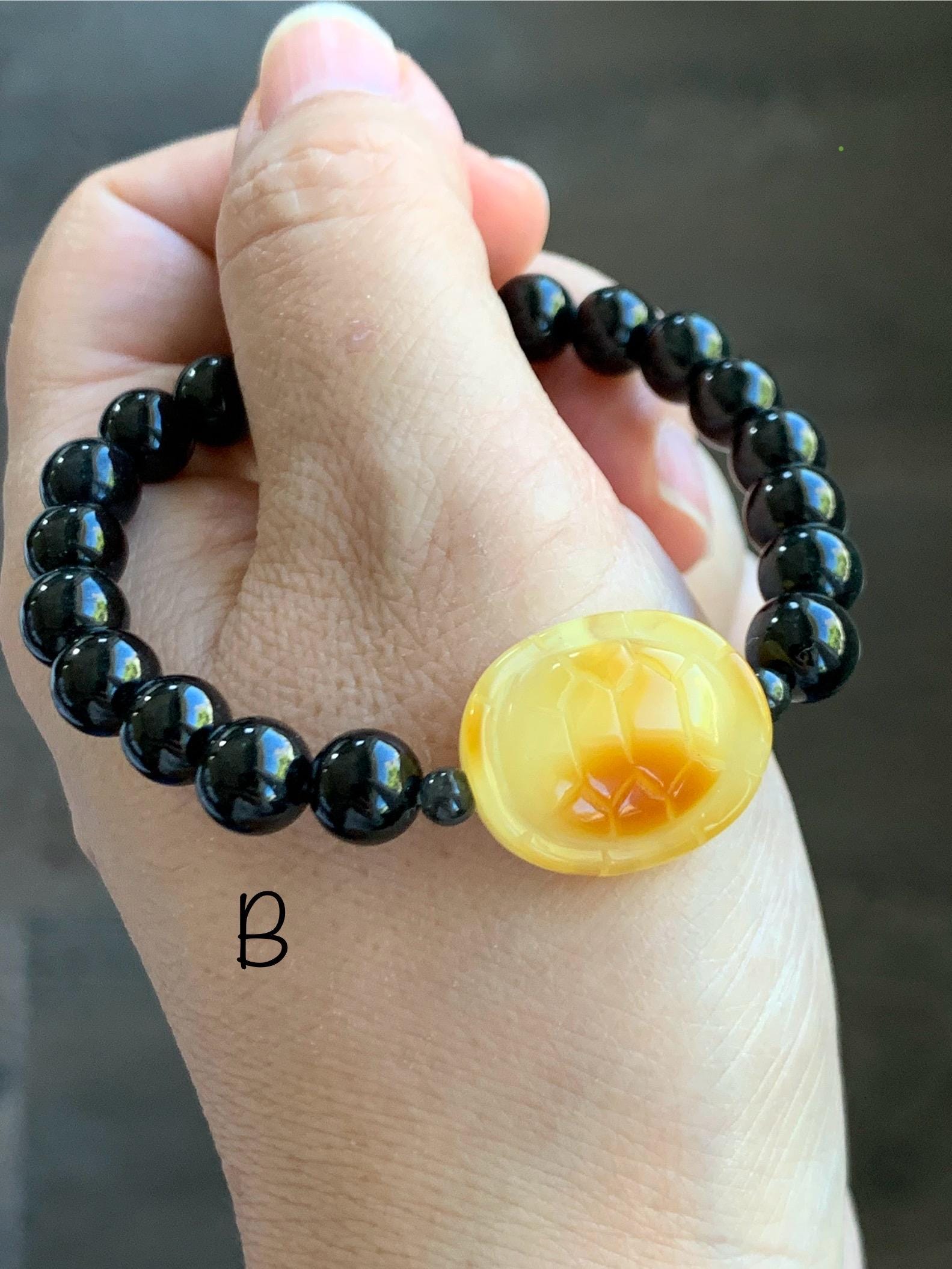 Natural Grade A Opaque Black Jade Jadeite Natural Tree Resin Carved Turle Shell Beaded Bracelet 8mm 6.25” 6.75” 7” 天然墨翠圆珠蜜蜡富甲手串 MHP