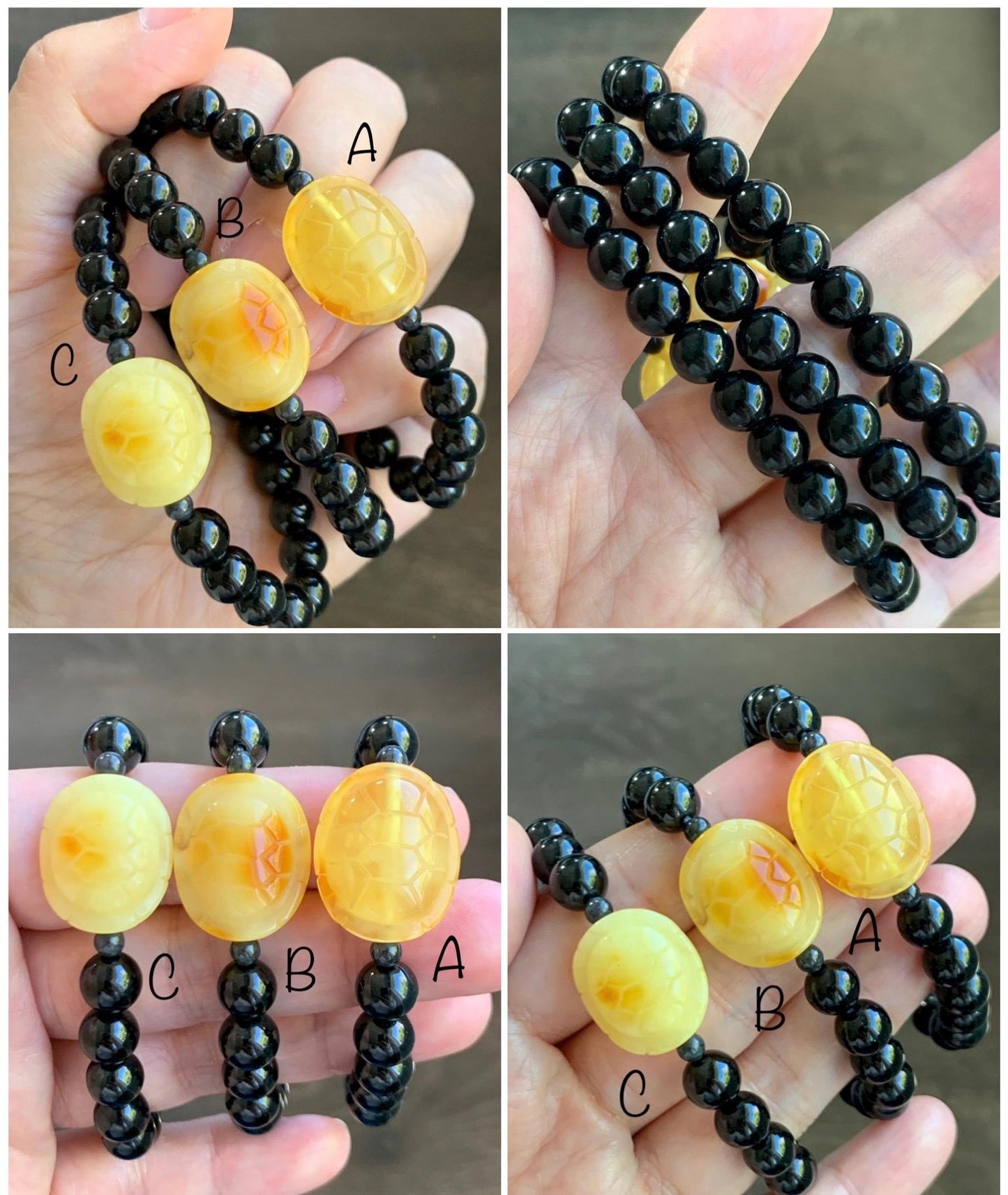 Natural Grade A Opaque Black Jade Jadeite Natural Tree Resin Carved Turle Shell Beaded Bracelet 8mm 6.25” 6.75” 7” 天然墨翠圆珠蜜蜡富甲手串 MHP