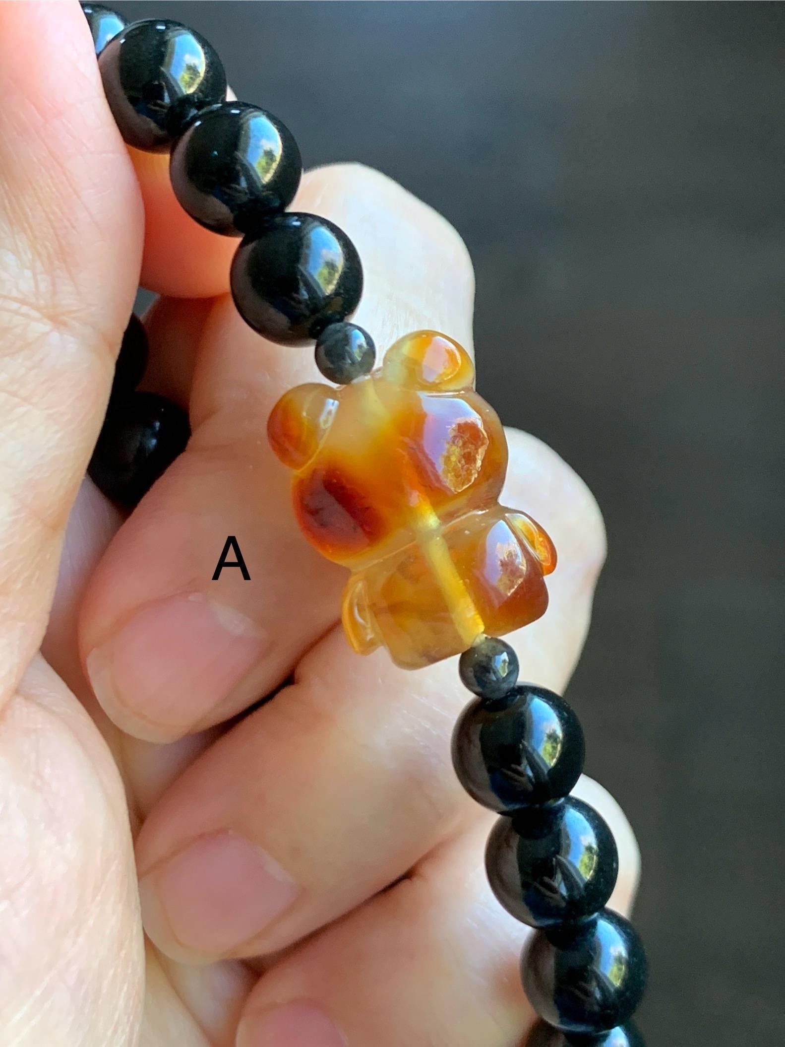 Natural Grade A Opaque Black Jade Jadeite Beads Natural Tree Resin Carved Teddy Bear Beaded Bracelet 7” 7.25” Stretchy 天然墨翠圆珠蜜蜡爱心小熊手串 HPB