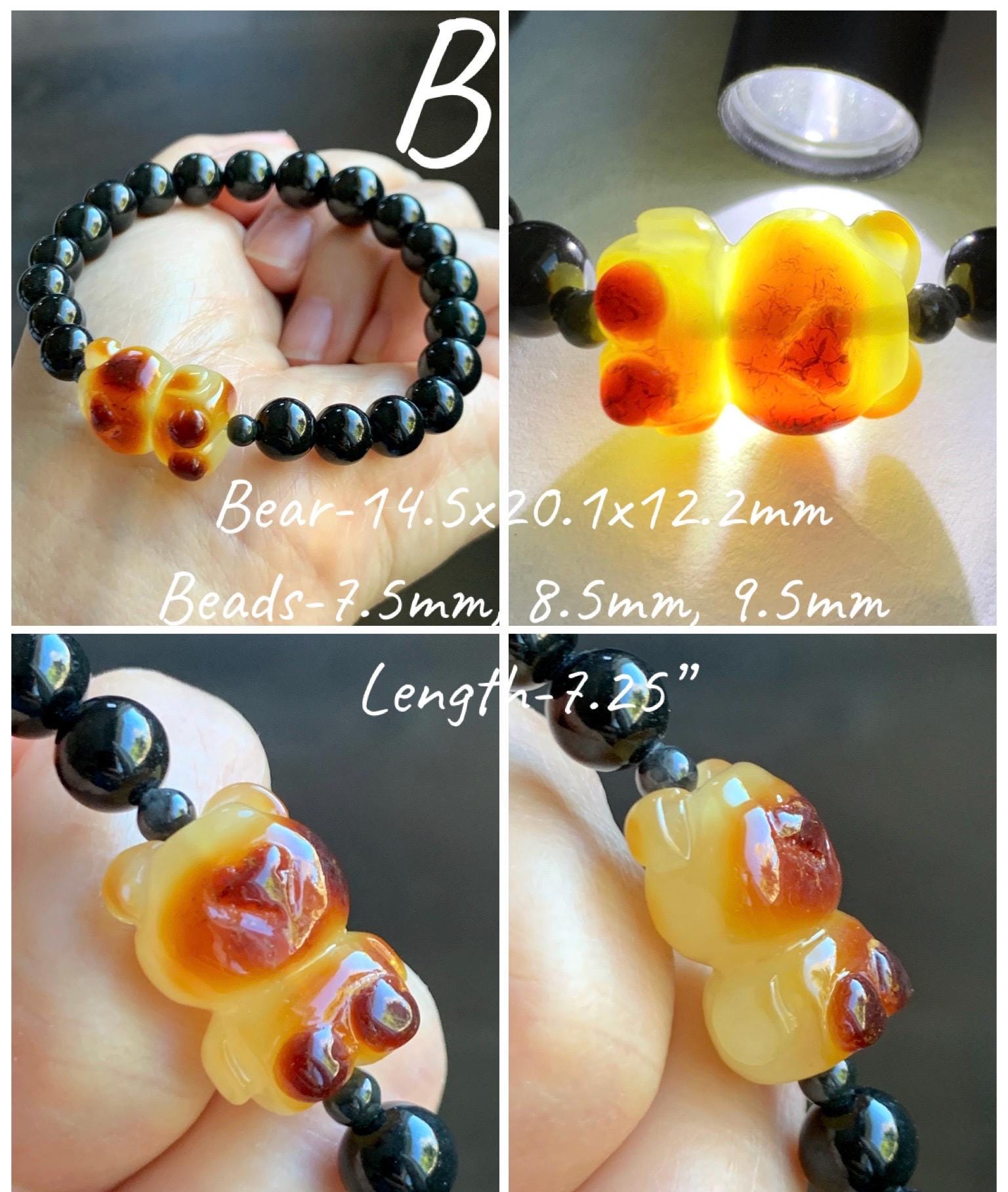 Natural Grade A Opaque Black Jade Jadeite Beads Natural Tree Resin Carved Teddy Bear Beaded Bracelet 7” 7.25” Stretchy 天然墨翠圆珠蜜蜡爱心小熊手串 HPB