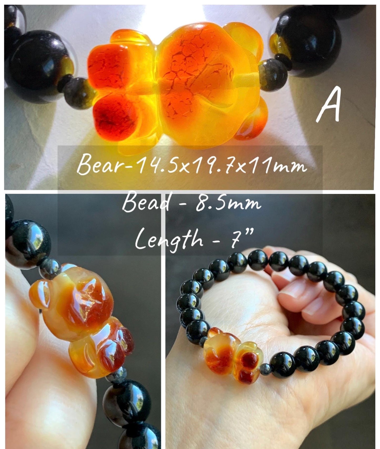 Natural Grade A Opaque Black Jade Jadeite Beads Natural Tree Resin Carved Teddy Bear Beaded Bracelet 7” 7.25” Stretchy 天然墨翠圆珠蜜蜡爱心小熊手串 HPB
