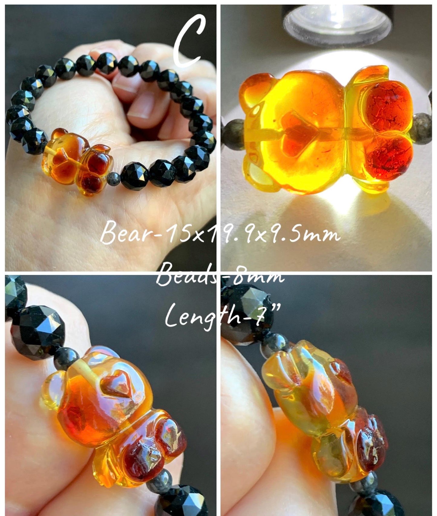 Natural Grade A Opaque Black Jade Jadeite Beads Natural Tree Resin Carved Teddy Bear Beaded Bracelet 7” 7.25” Stretchy 天然墨翠圆珠蜜蜡爱心小熊手串 HPB